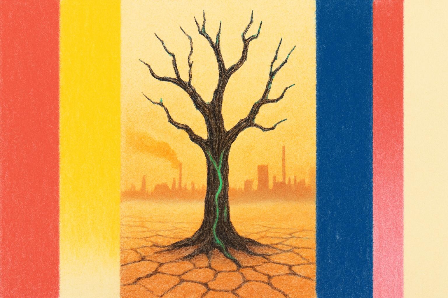 Un árbol muerto con tenues venas verdes luminiscentes se alza sobre tierra agrietada frente a un horizonte industrial envuelto en polvo.