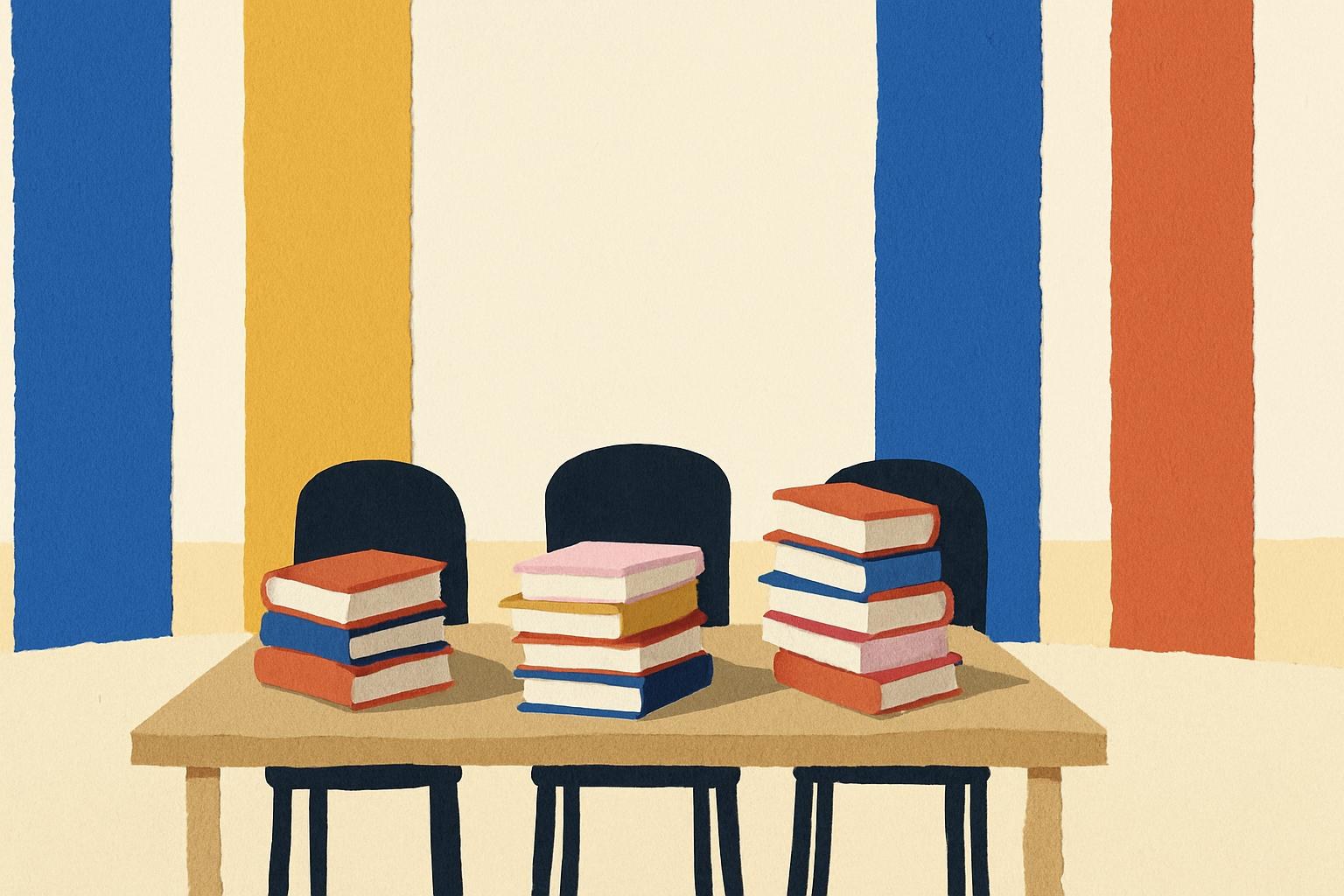 An empty jury table with stacks of books, evoking a literary prize deliberation.