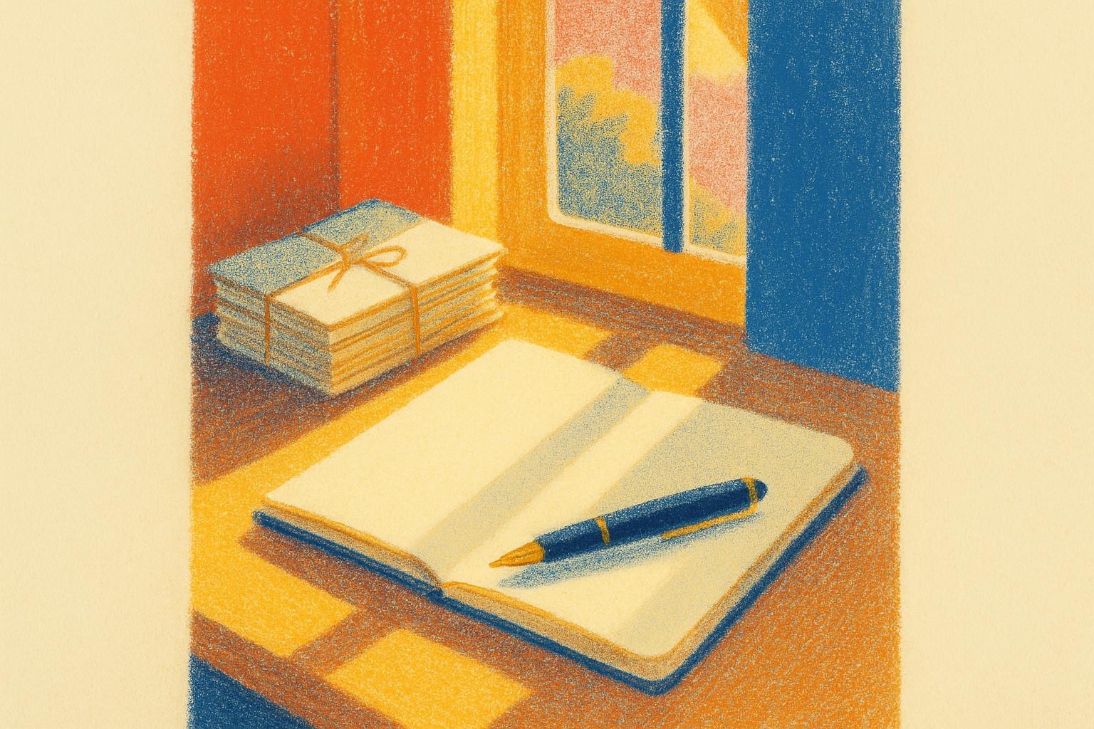 Un cuaderno y una pluma sobre un escritorio bajo la suave luz de la tarde, evocando la espera de un joven autor ante la decisión de un premio literario.