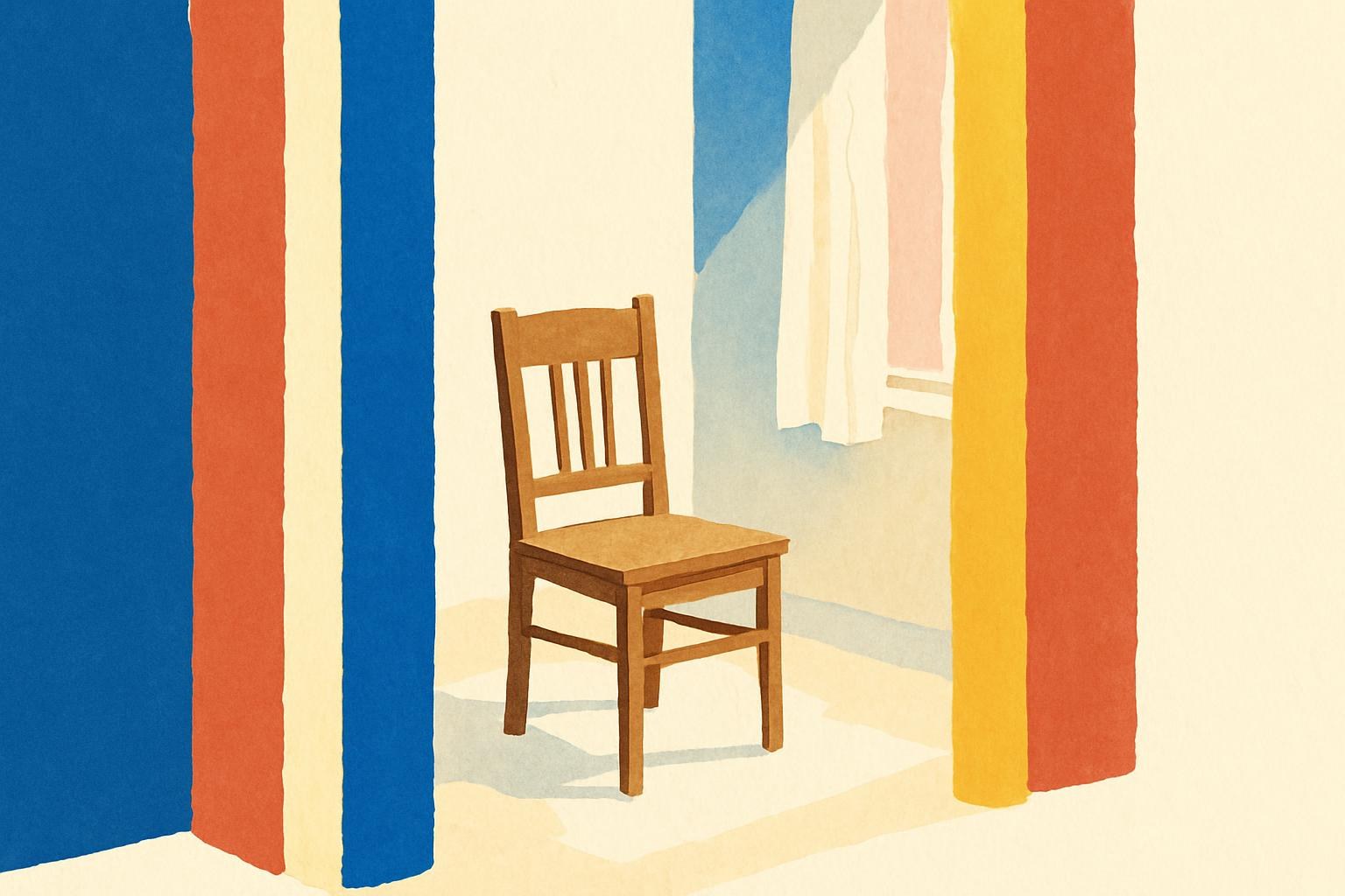 An empty wooden chair in a quiet room lit by soft morning light through a half-drawn curtain.