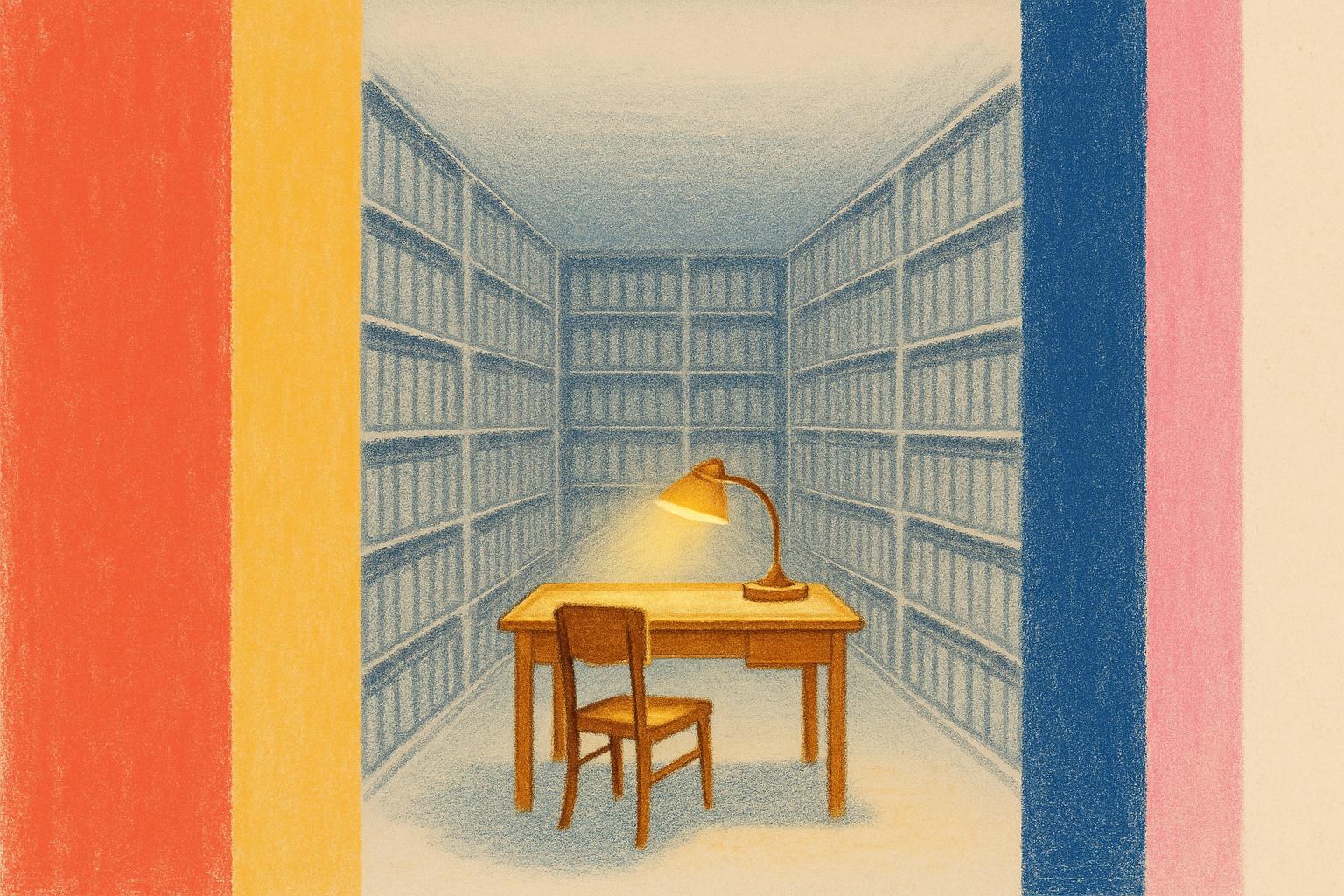 An empty desk lit by a lamp inside a vast archive of grey administrative folders.