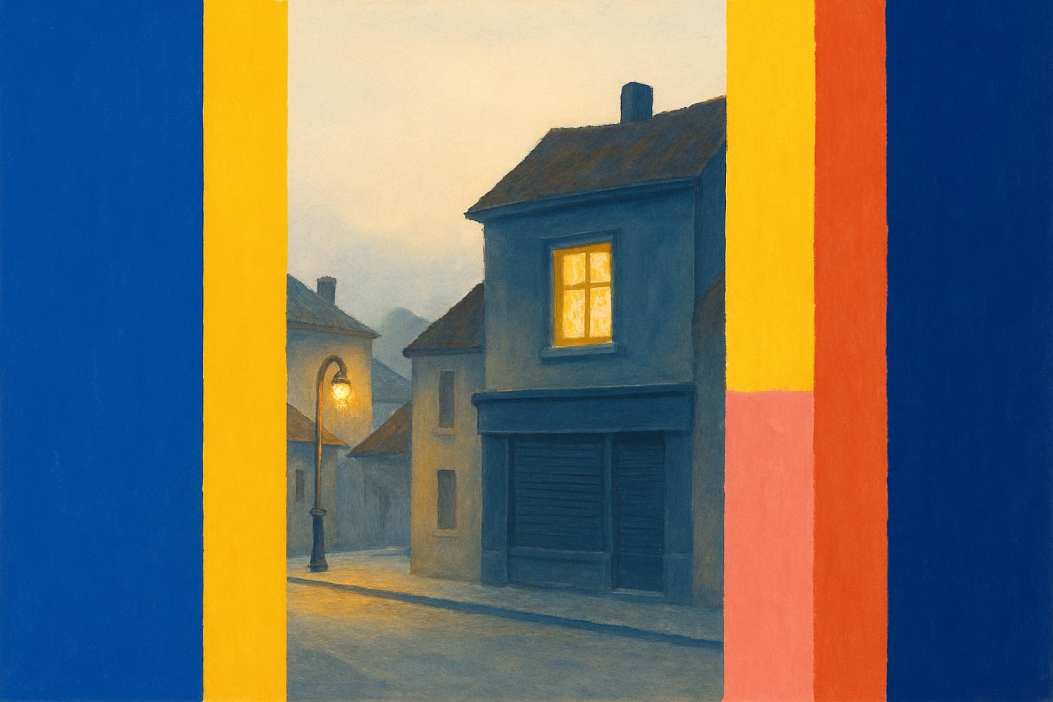 A dim street in a small provincial town at dusk, with one lit window above a closed shop.