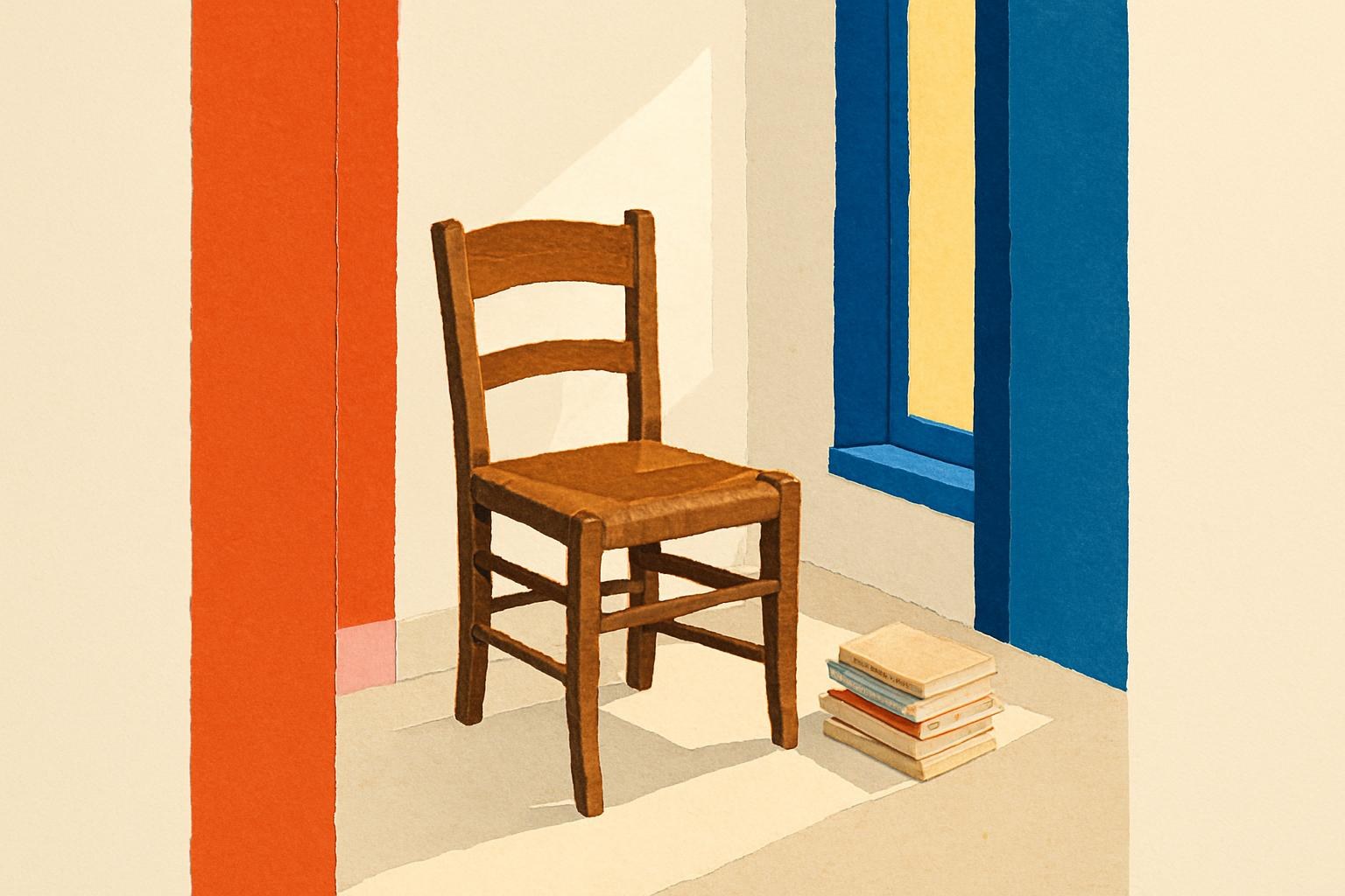 A reading chair by a window with a stack of well-worn paperbacks on the floor beside it, lit by afternoon light.