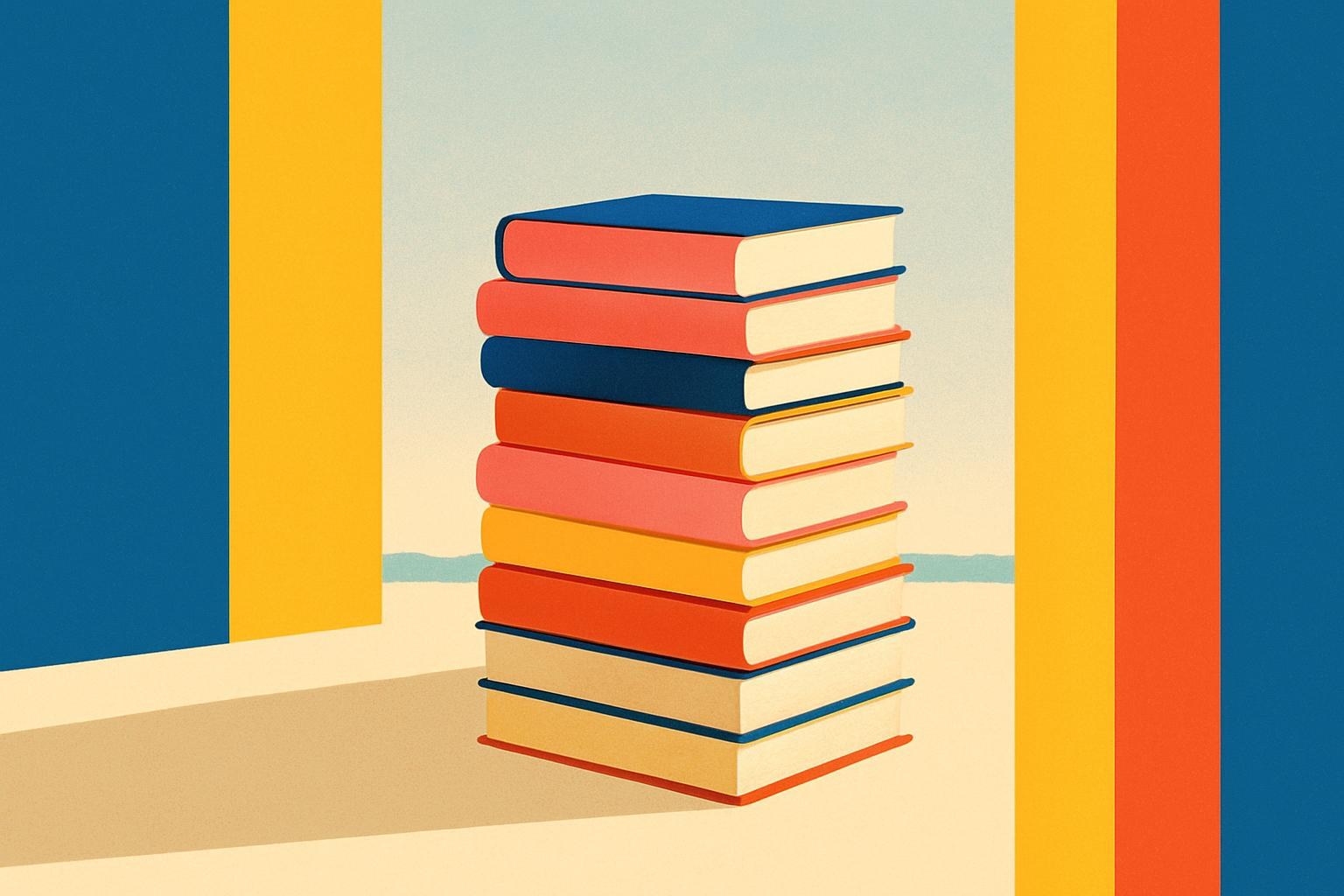 Diez libros de tapa dura sin título visible, apilados sobre una mesa bajo una suave luz matutina
