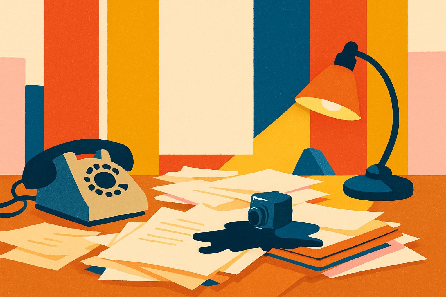 An illustration of a messy office desk with scattered papers and a spilled inkwell, evoking the comic chaos of Gaston Lagaffe.