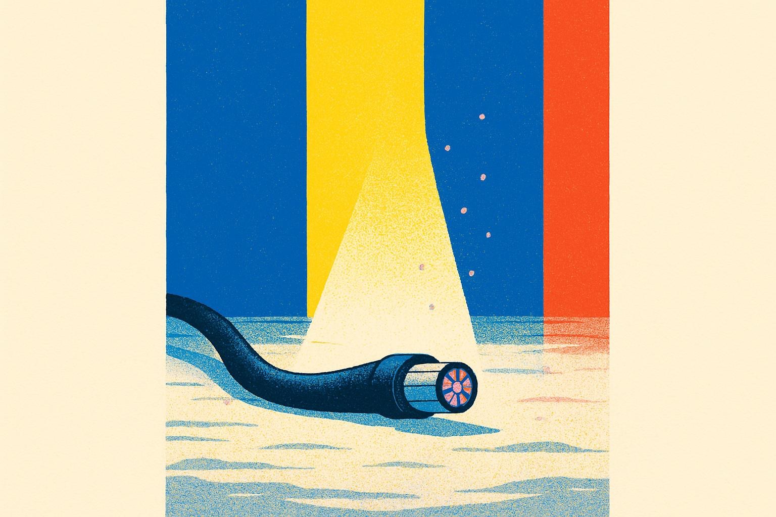 An undersea cable lit by a submersible's lamp on the dark ocean floor.