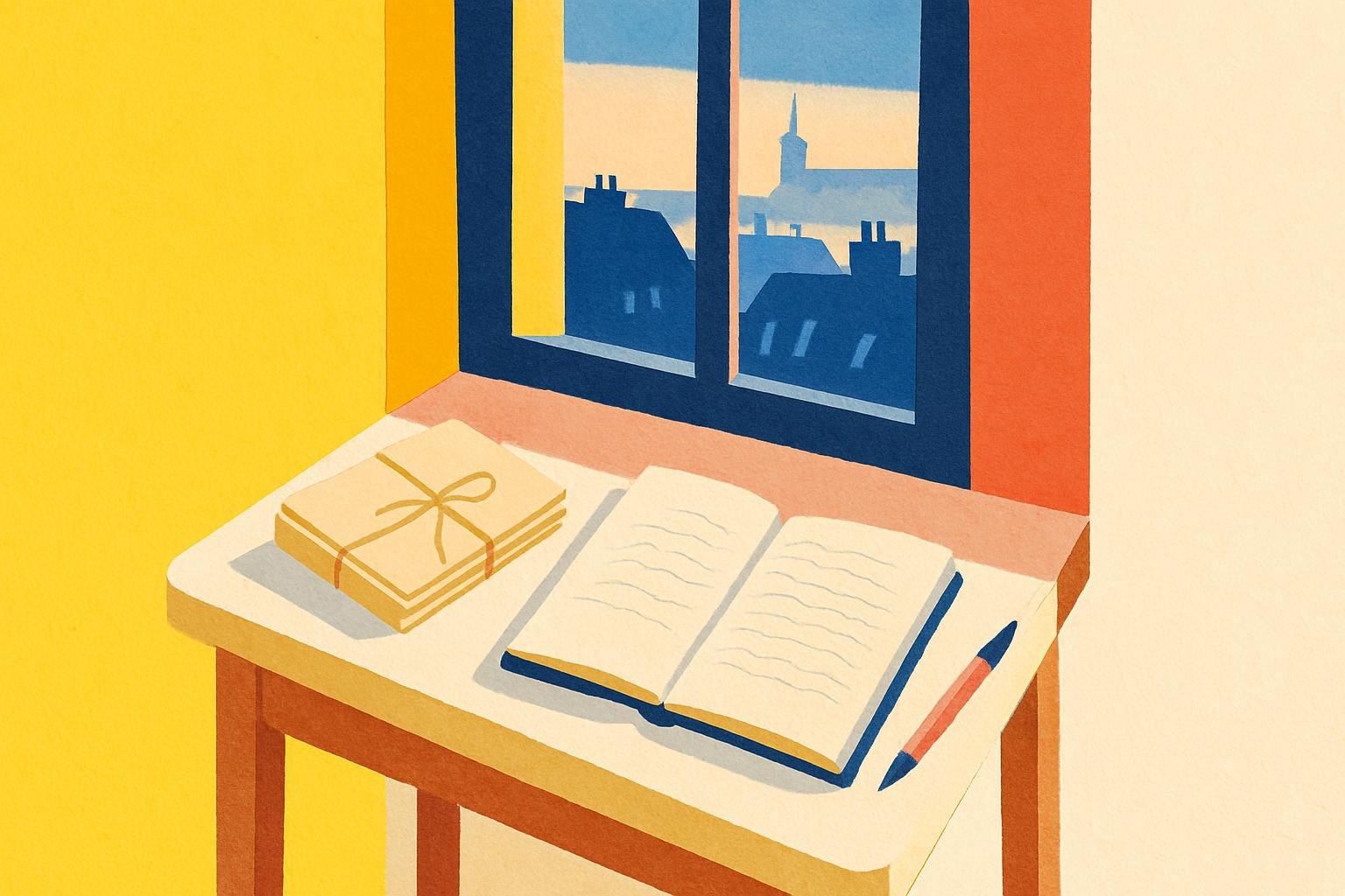 Un escritorio con un fajo de cartas y un cuaderno abierto junto a una ventana al atardecer, con los tejados de París difuminados al fondo.