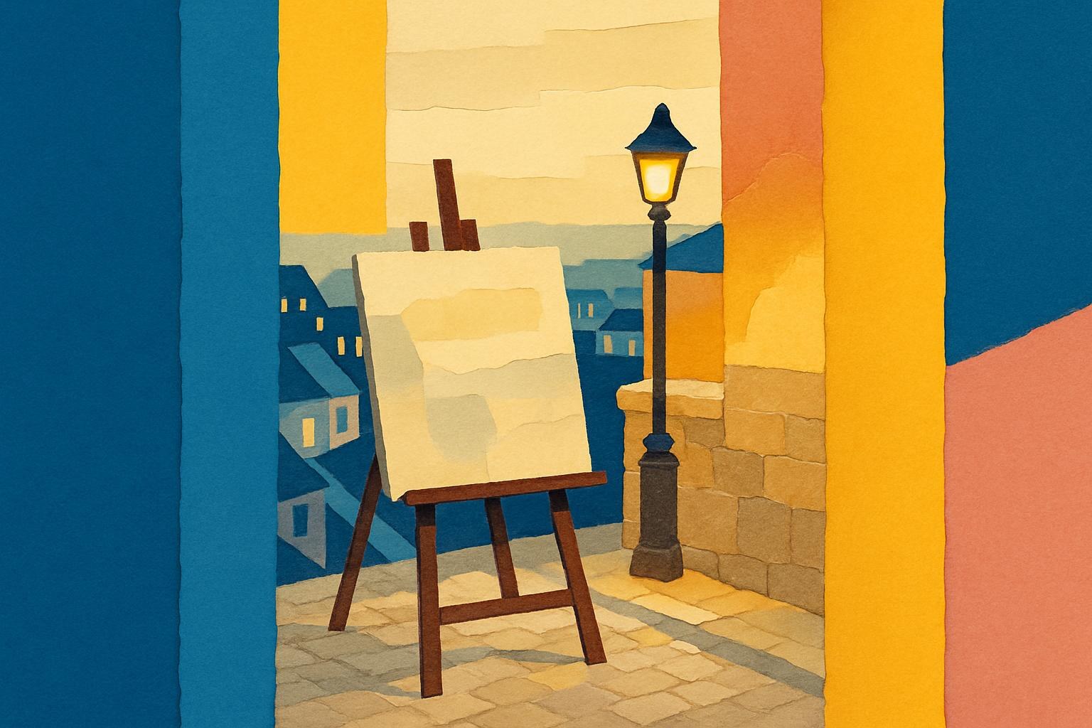 An empty easel on a cobbled Montmartre street at dusk, rooftops of the Butte visible below.