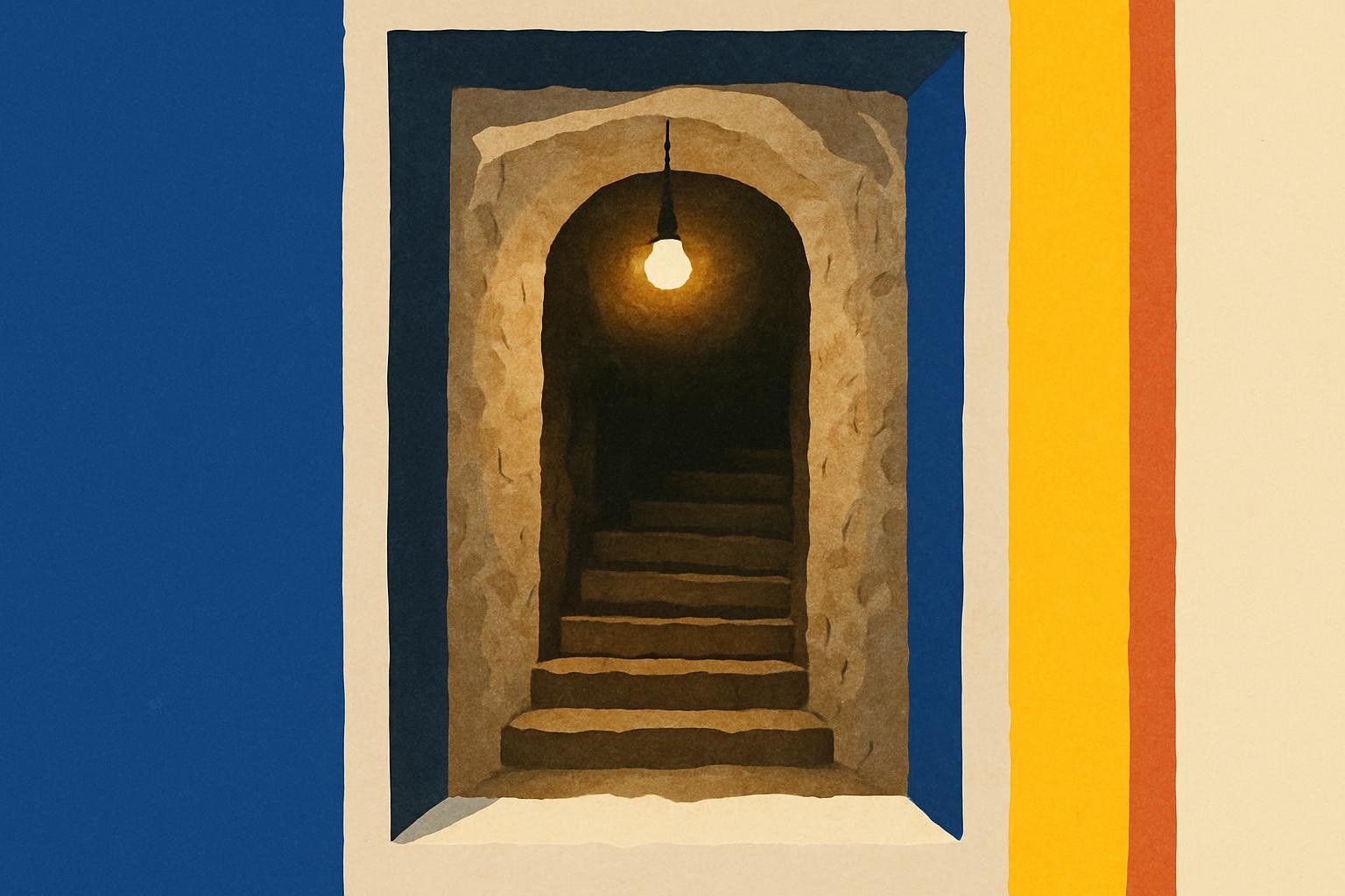Un escalier de pierre faiblement éclairé qui descend dans l'obscurité, évoquant des passages souterrains.