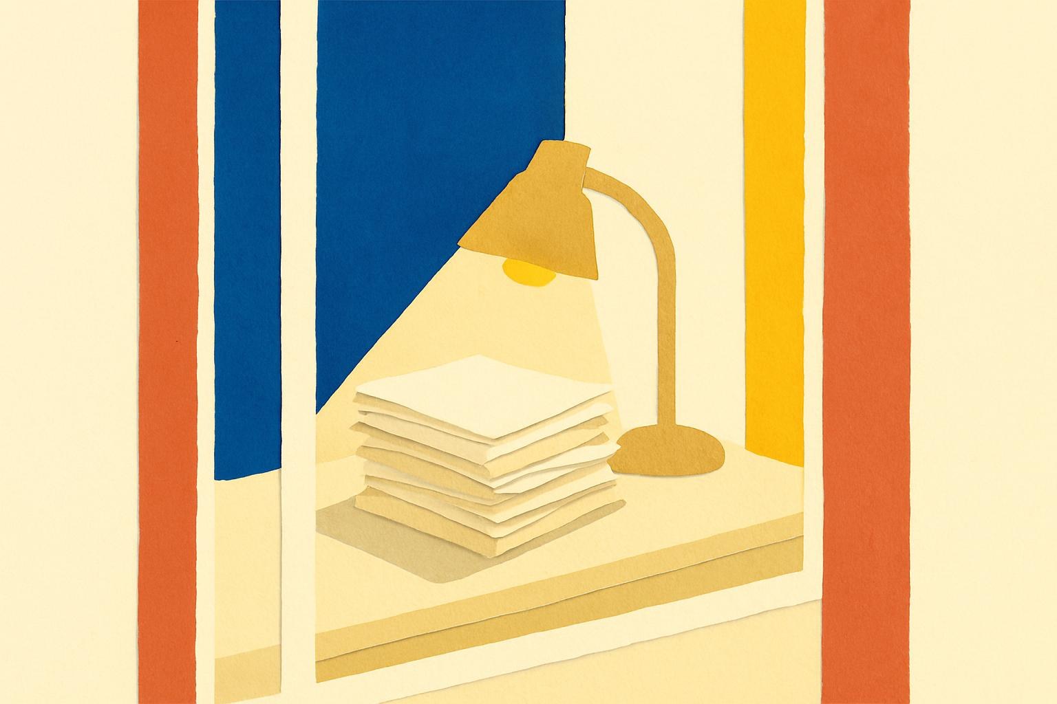A lamp illuminates a stack of manuscript pages on a quiet desk, suggesting a debut novel.
