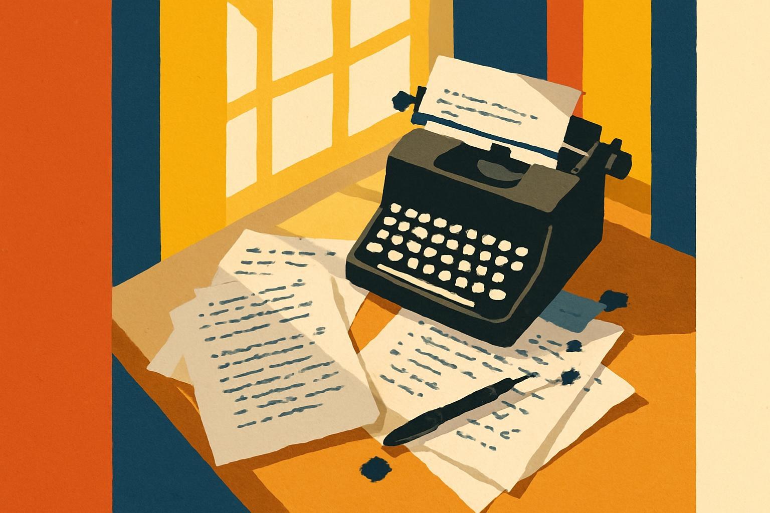 Des pages de manuscrit et une machine à écrire sur un bureau en bois, dans une lumière d'après-midi.