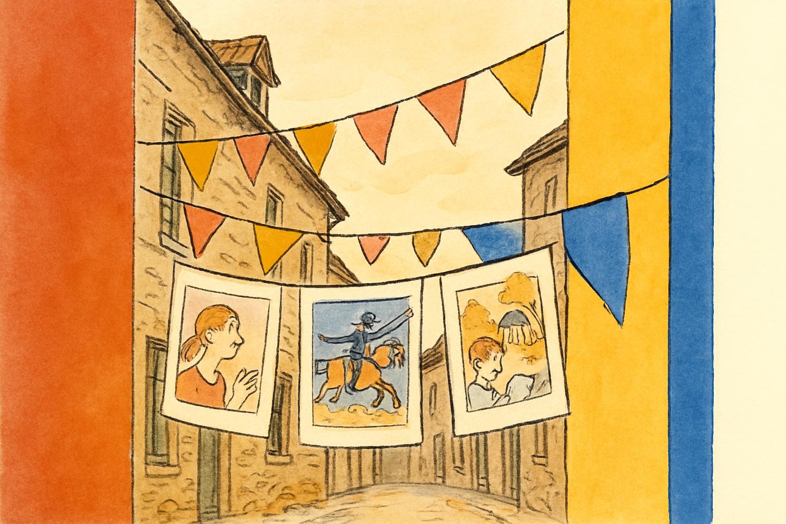 Comic-strip banners hung along a street in Darnétal ahead of the Normandiebulle festival.