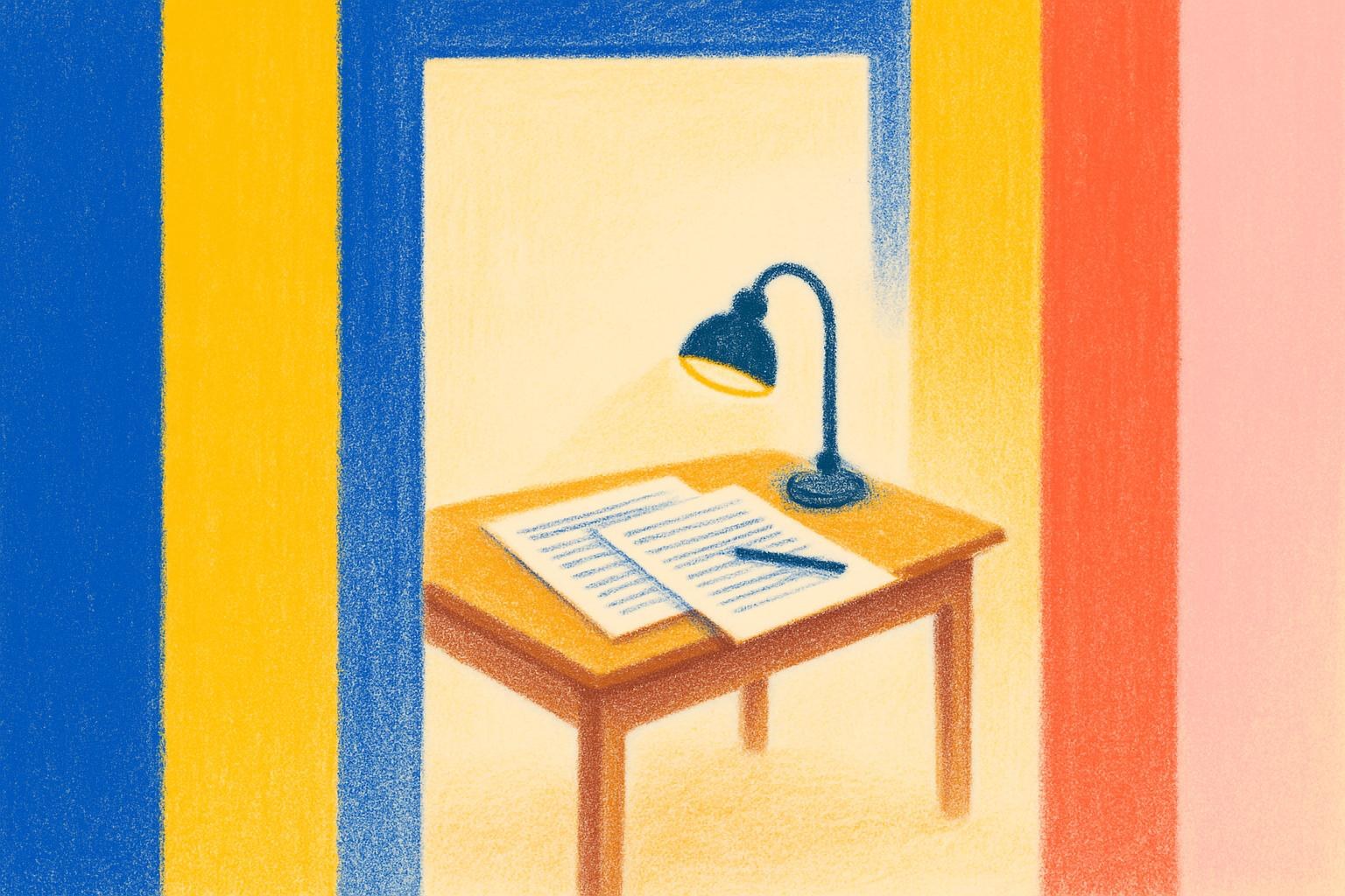 Una lámpara de escritorio ilumina dos manuscritos superpuestos sobre una mesa de madera, al atardecer.