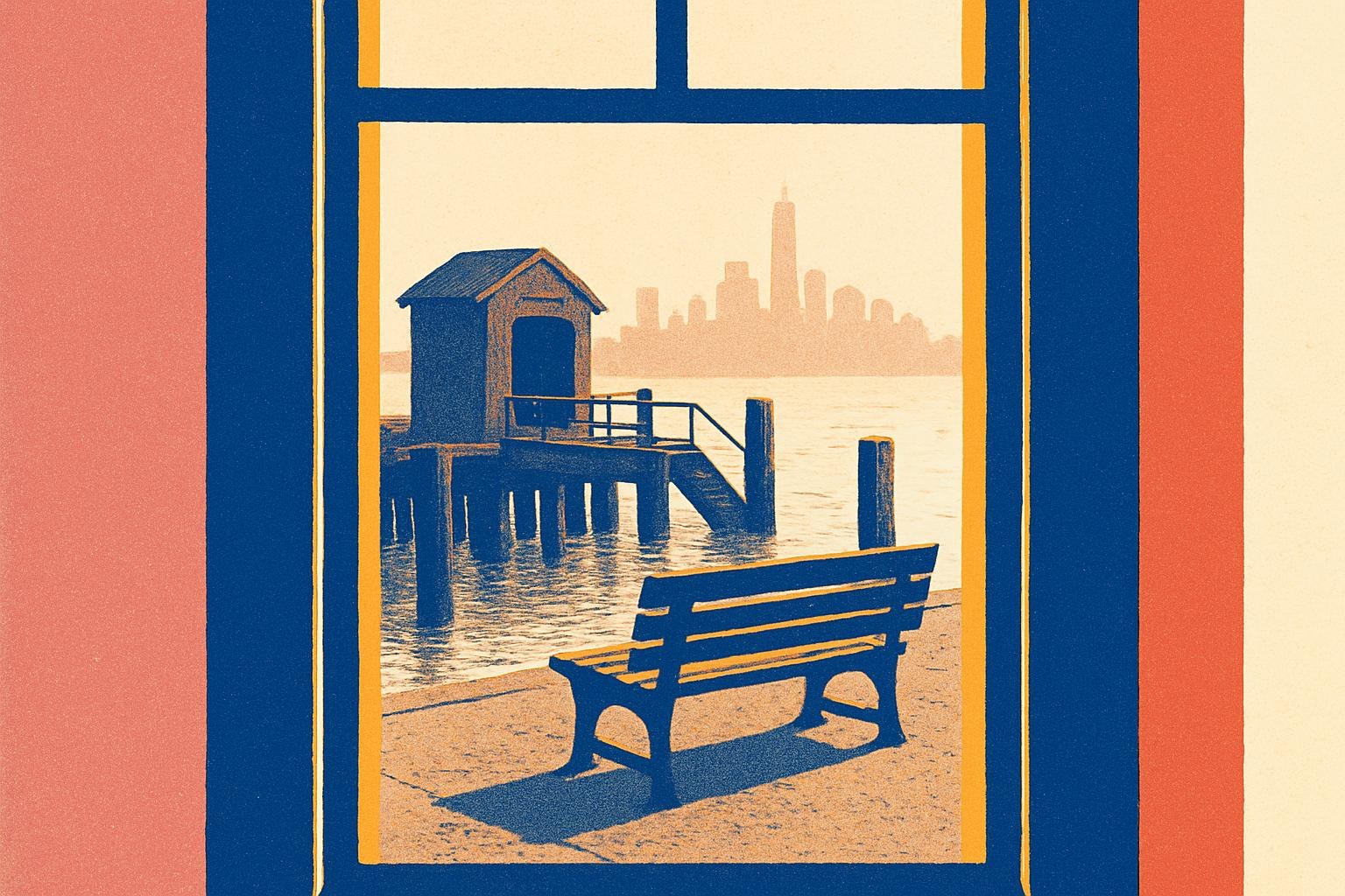 Un banco vacío en un muelle del río Hudson al atardecer, con el perfil de Nueva York difuminado a lo lejos.