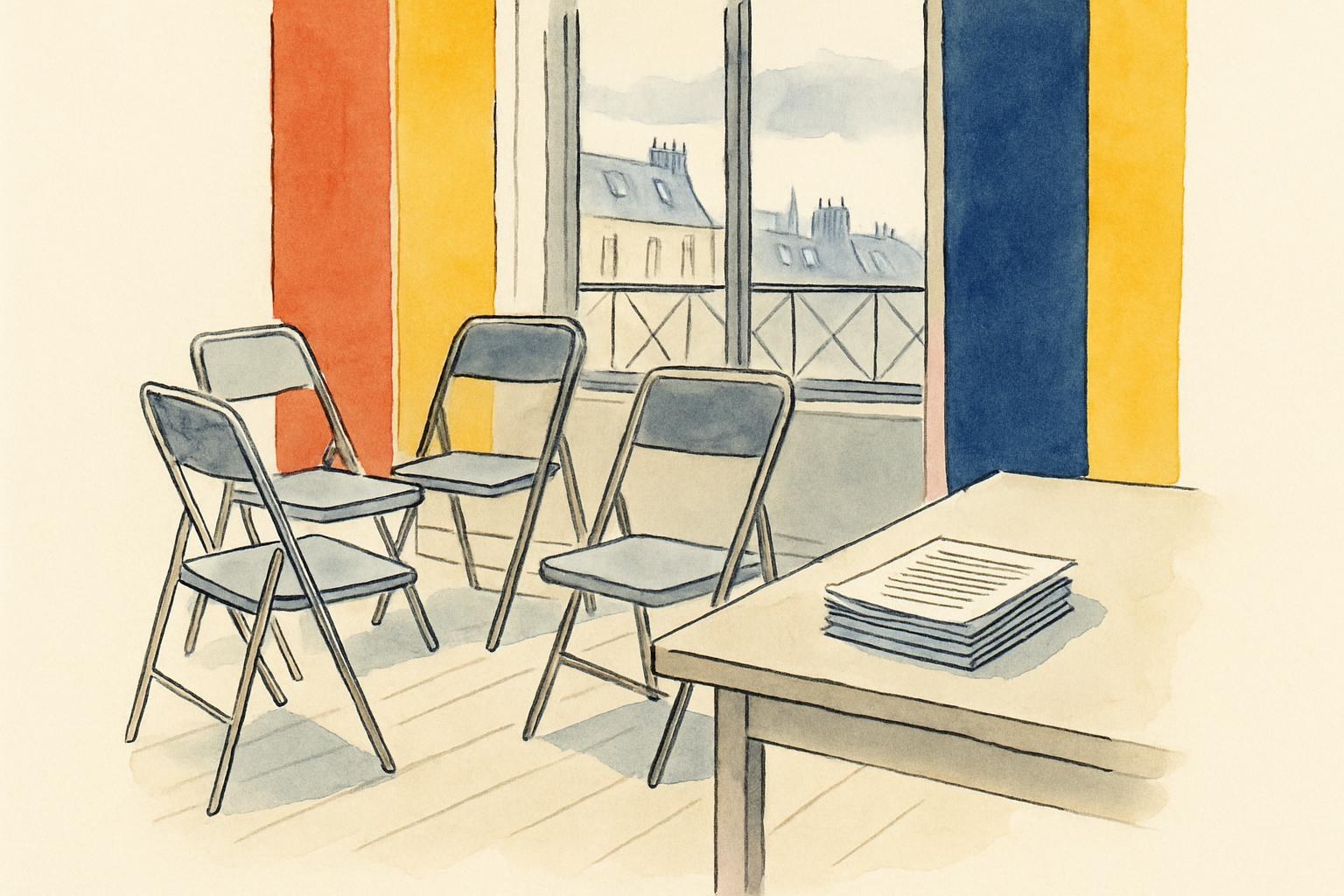 An empty meeting room with folding chairs and stacked flyers, lit by grey evening light through a window.