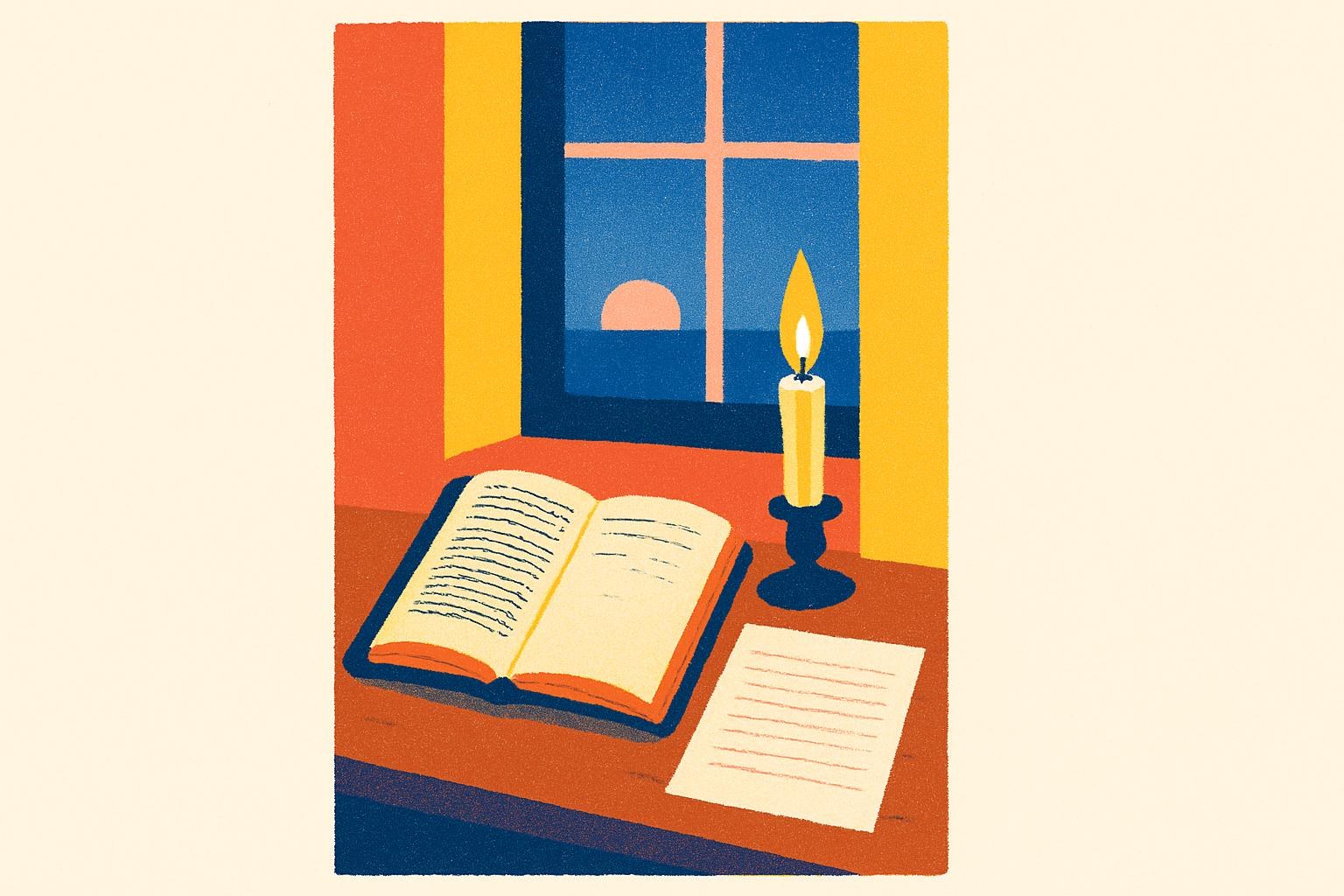 Una novela antigua abierta junto a una hoja de manuscrito en blanco, sobre un escritorio iluminado por una vela.
