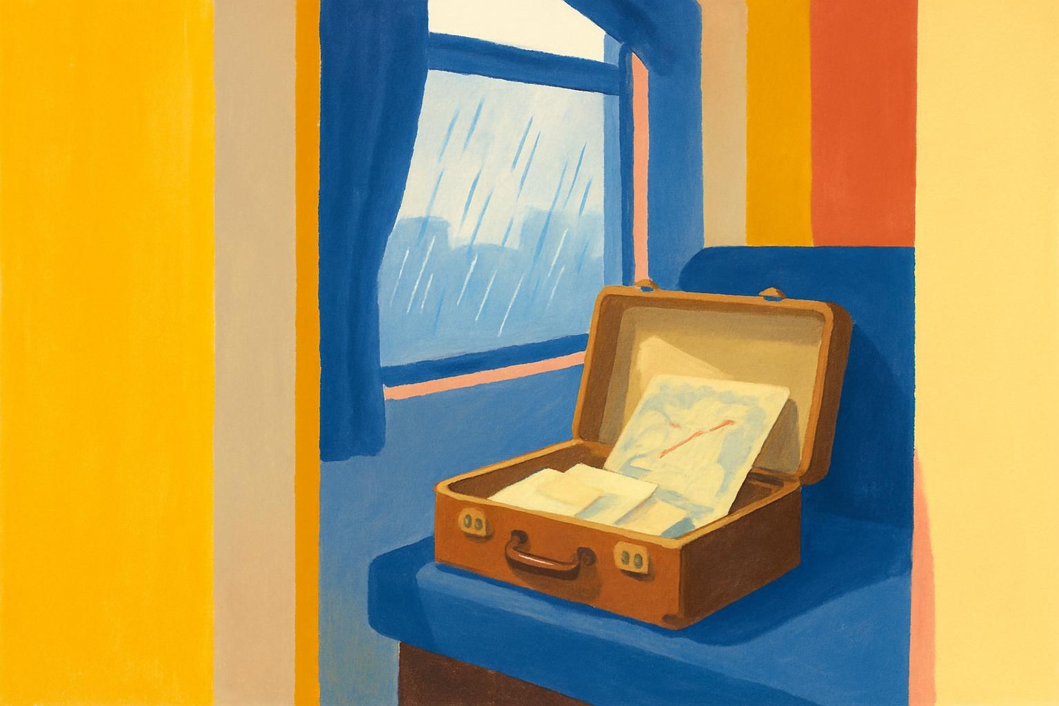 Une valise en cuir contenant de vieilles lettres posée sur une banquette de train, éclairée par la lumière grise du matin à travers une vitre ruisselante de pluie.