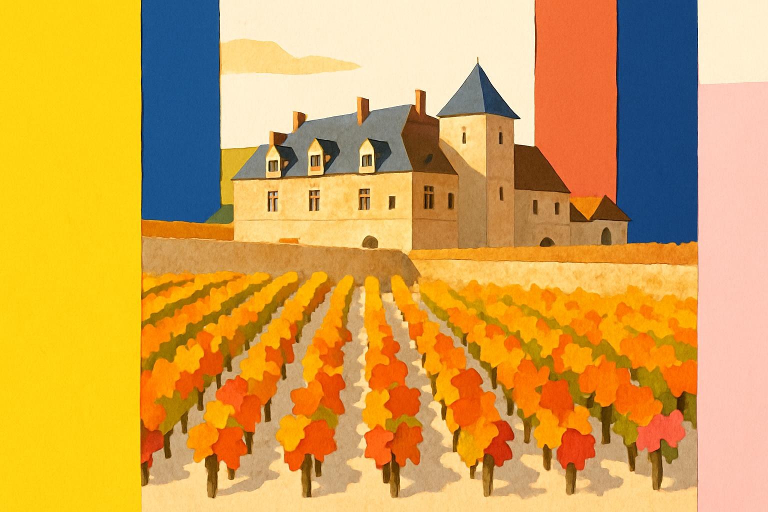 Le château du Clos de Vougeot entouré de vignes automnales en Bourgogne.