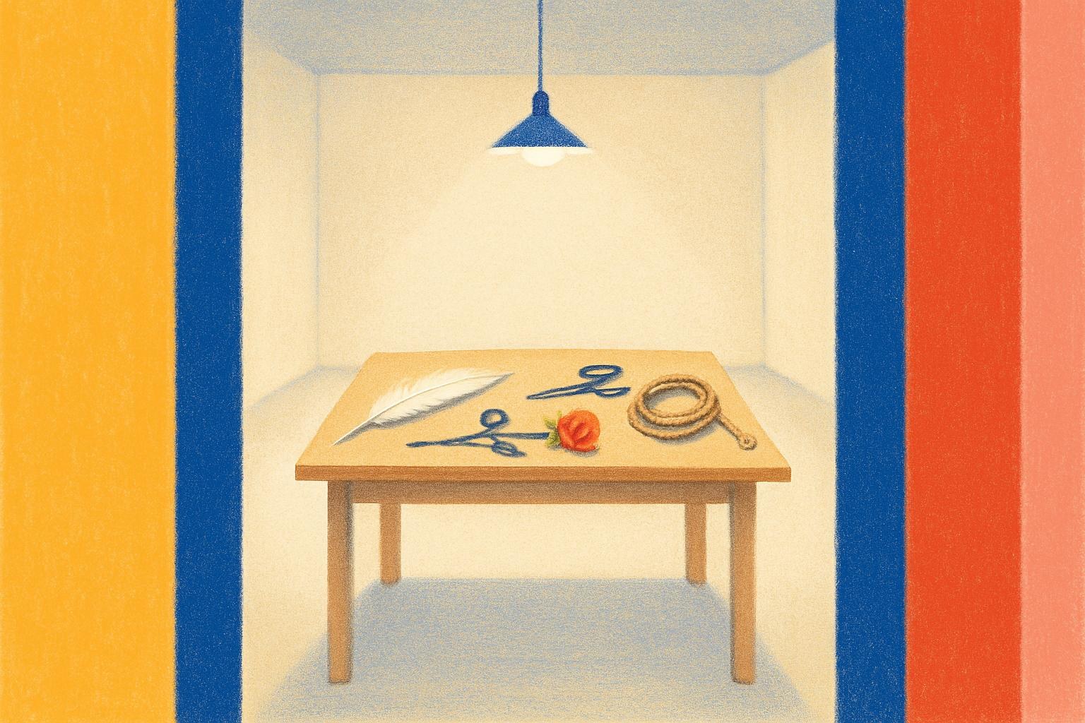A table of 72 objects, from a feather to a revolver, arranged under bare gallery light, evoking the performance behind the novel.