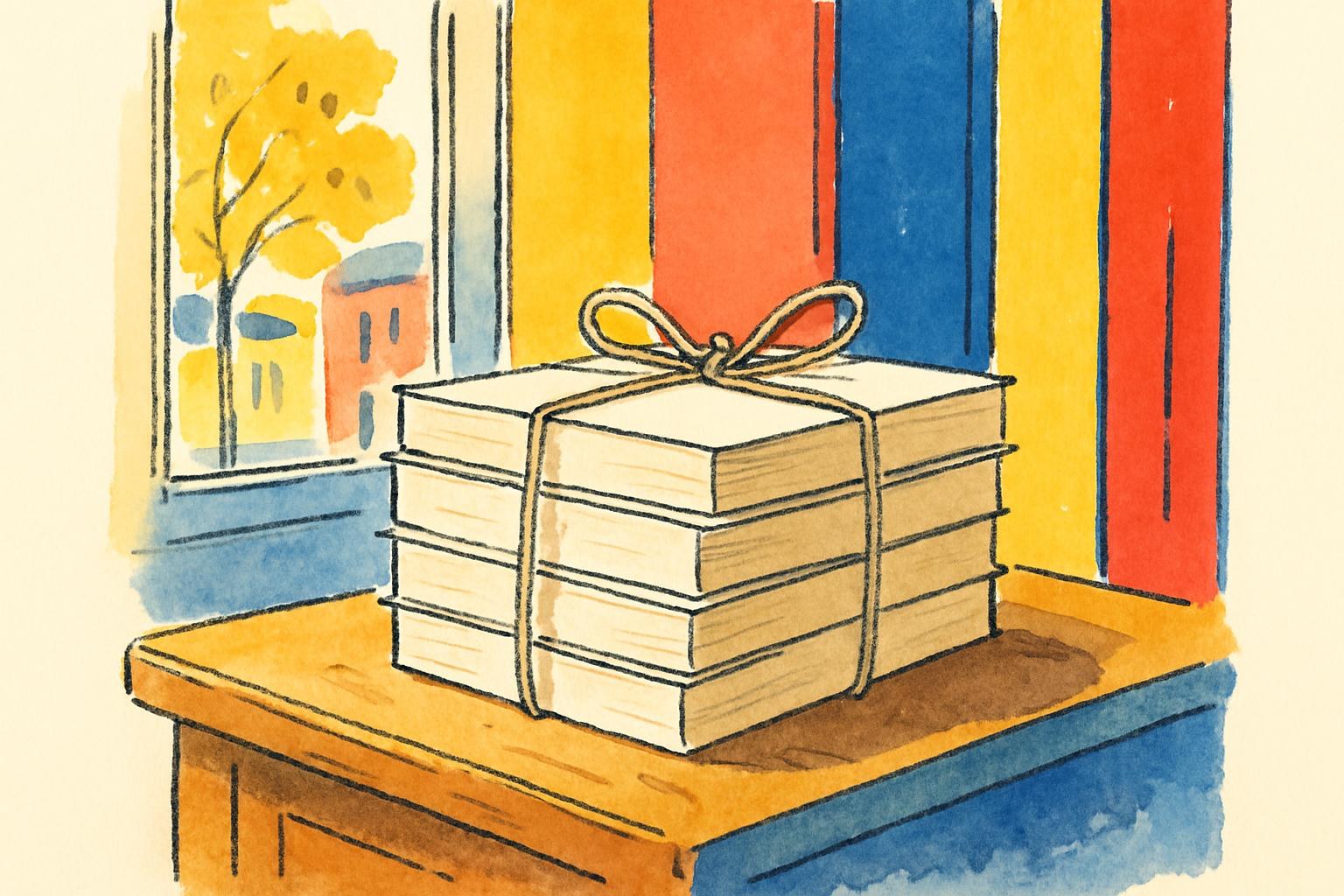 El mostrador de una librería con una pila de novelas nuevas atadas con cordel, iluminada por la luz de una tarde de otoño.