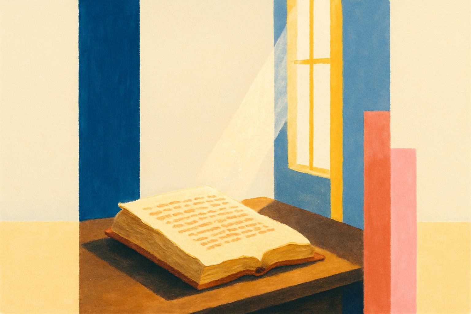 An old illuminated manuscript page lit by a shaft of light on a library table.
