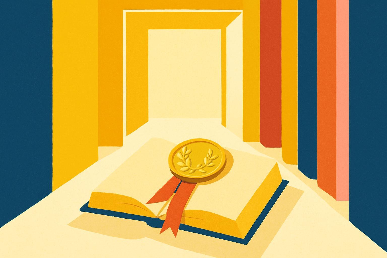 Una medalla dorada sobre un libro abierto, bajo una luz suave