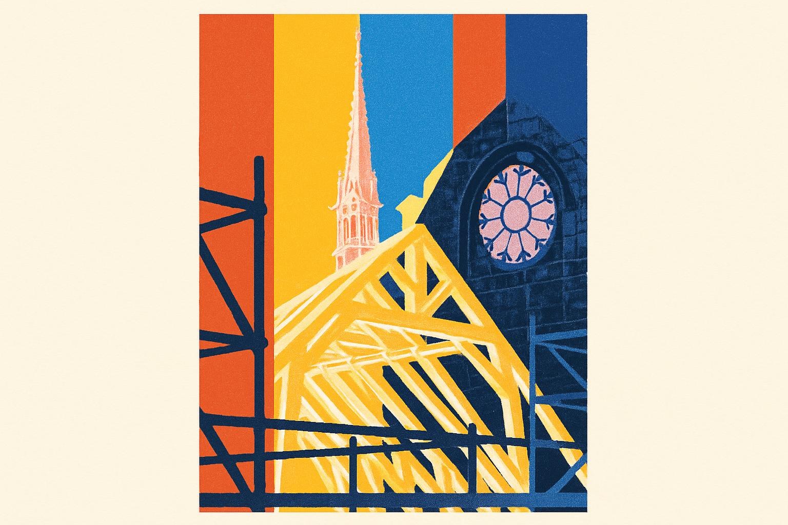 L'intérieur restauré de Notre-Dame de Paris, avec de nouvelles poutres de chêne et une pierre éclairée par une rosace.