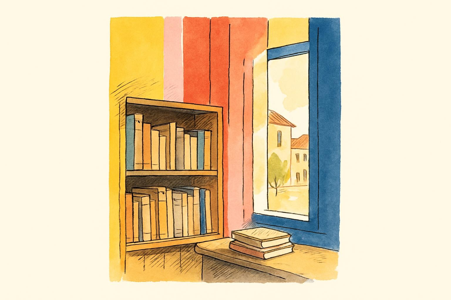 Una pequeña estantería de madera con libros gastados iluminada por la luz de la tarde.