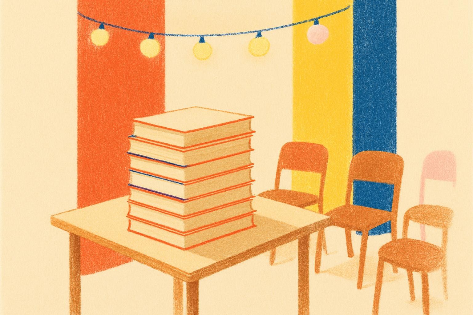 An empty room set up for an award ceremony, with ten unmarked books stacked on a table under warm string lights.