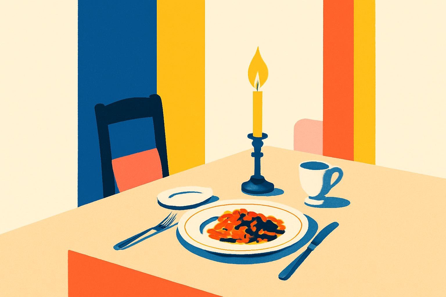 Une table dressée en solitaire à la fin du XIXe siècle, porcelaine fine et lumière de bougie, évoquant une obsession discrète du bien manger.