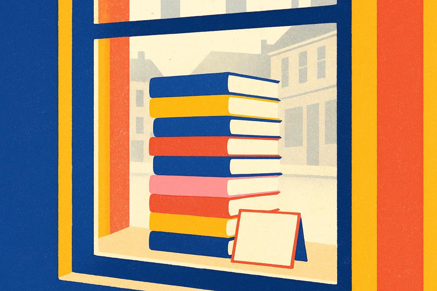 Des romans de poche empilés derrière la vitrine d'une librairie, sous un ciel gris britannique.