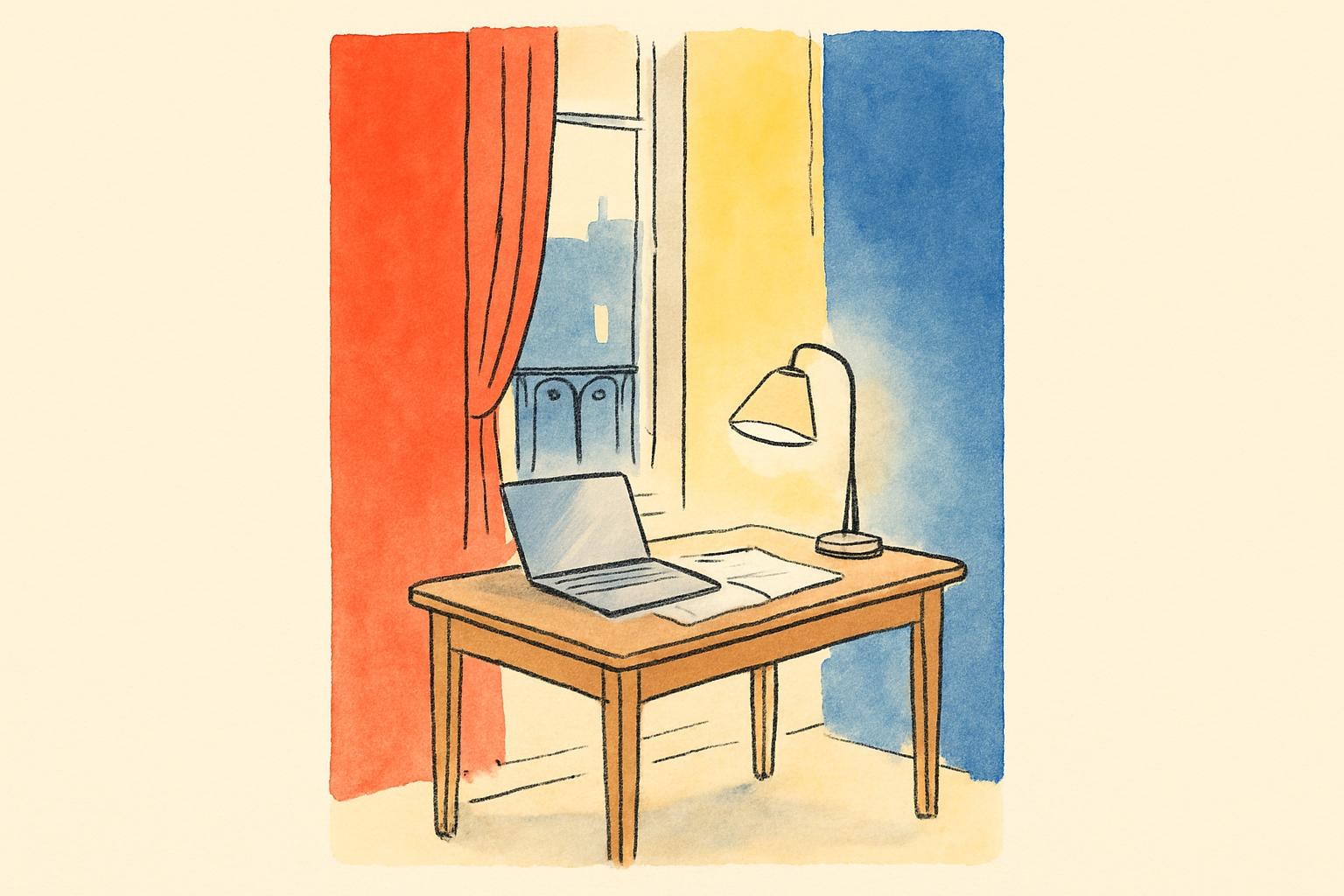 Un escritorio de escritor vacío, iluminado por una lámpara junto a una ventana al atardecer, que evoca el trabajo solitario descrito por los autores.