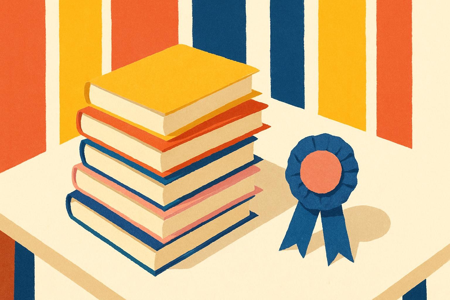 A softly lit bookshop table with stacked novels, suggesting a literary prize ceremony.