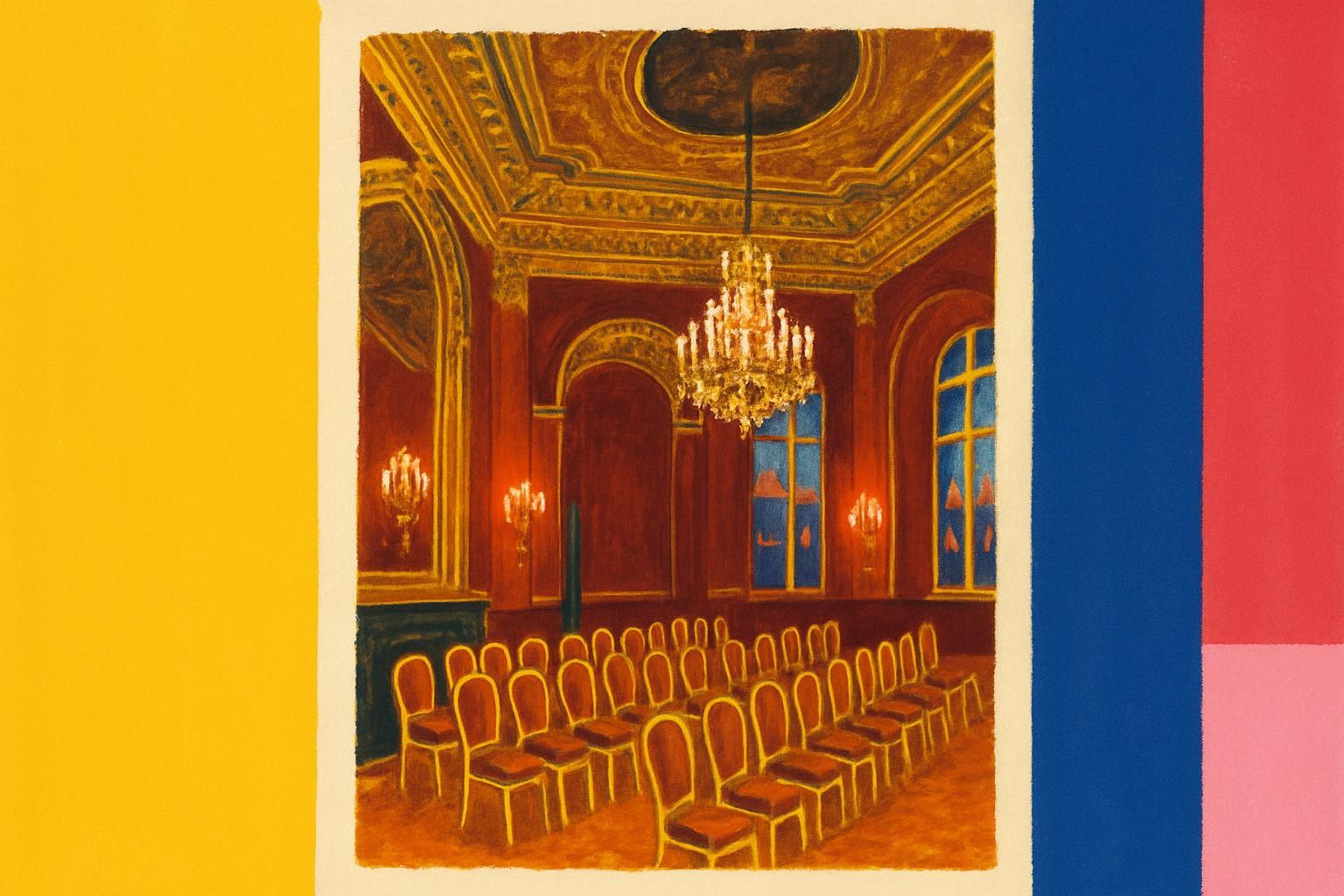 Le Salon Pourpre du Sénat, aux murs rouges et dorés, préparé pour une cérémonie en soirée.