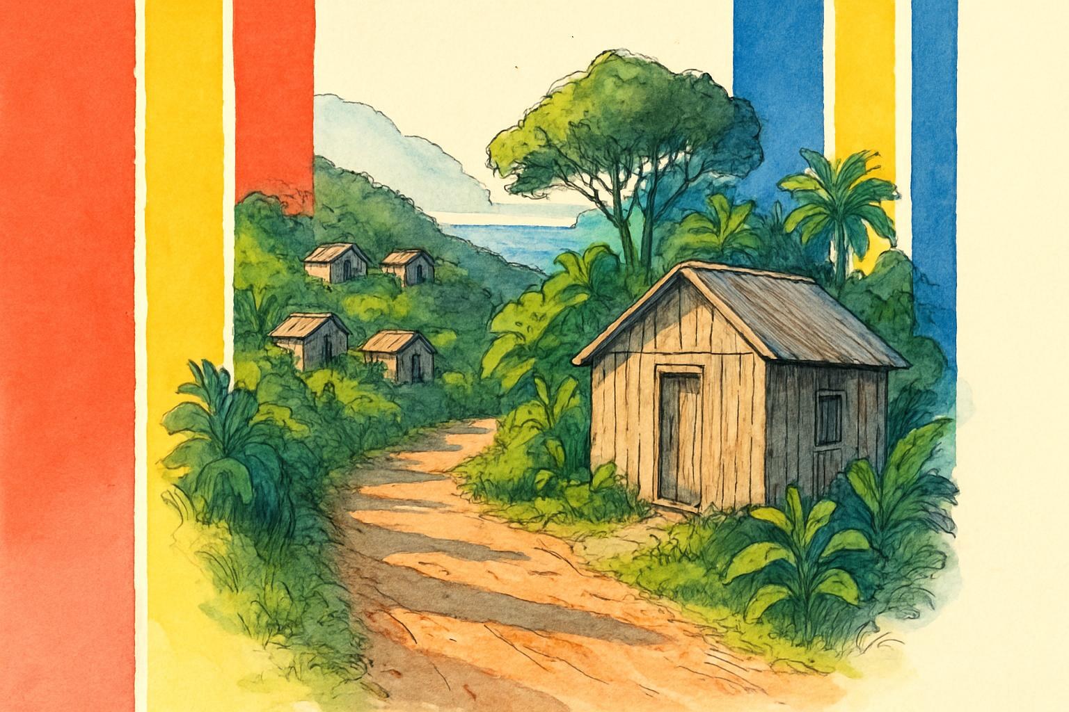 An isolated village on a hillside in Mauritius, wooden houses among tropical greenery with the sea in the distance.