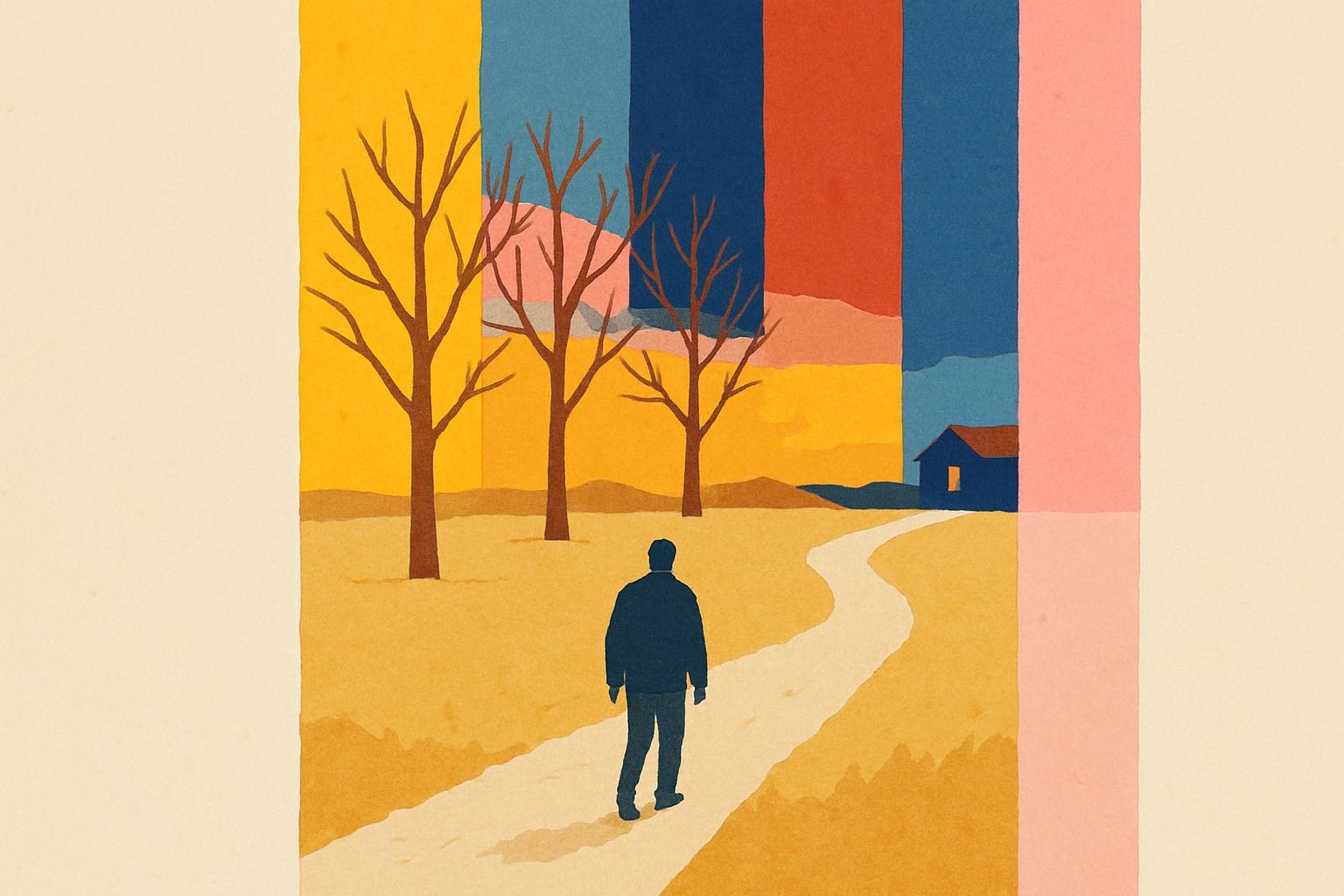 Une silhouette solitaire marche sur une route de campagne au crépuscule, une fenêtre éclairée brillant au loin entre les arbres nus.