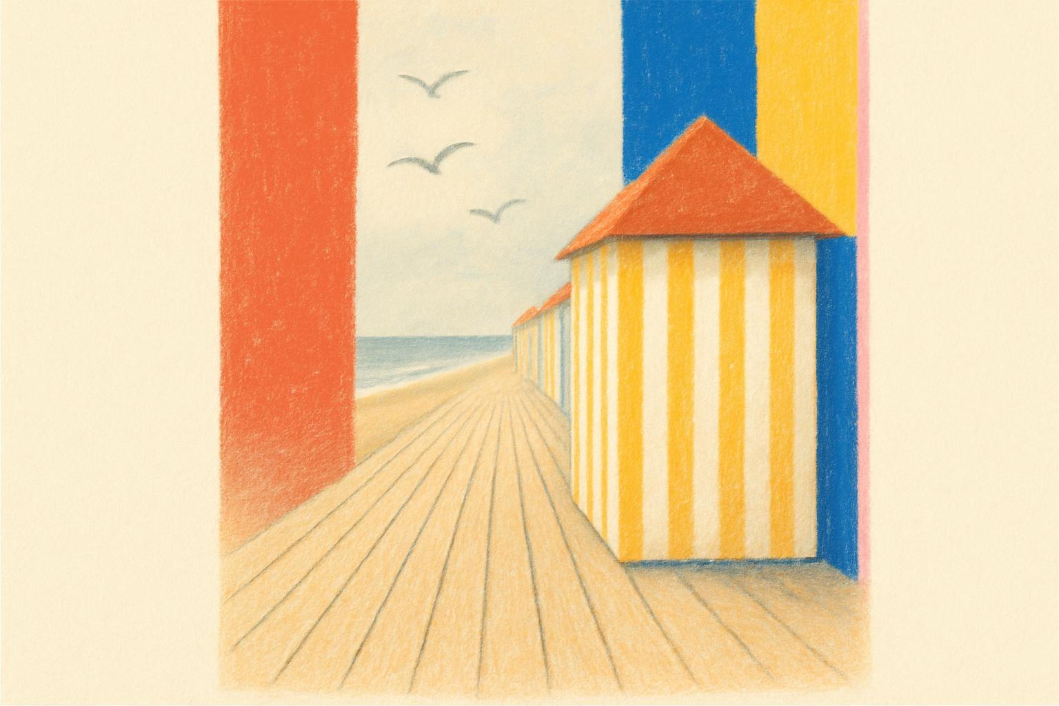 The wooden boardwalk and beach cabins of Cabourg under a grey autumn sky.