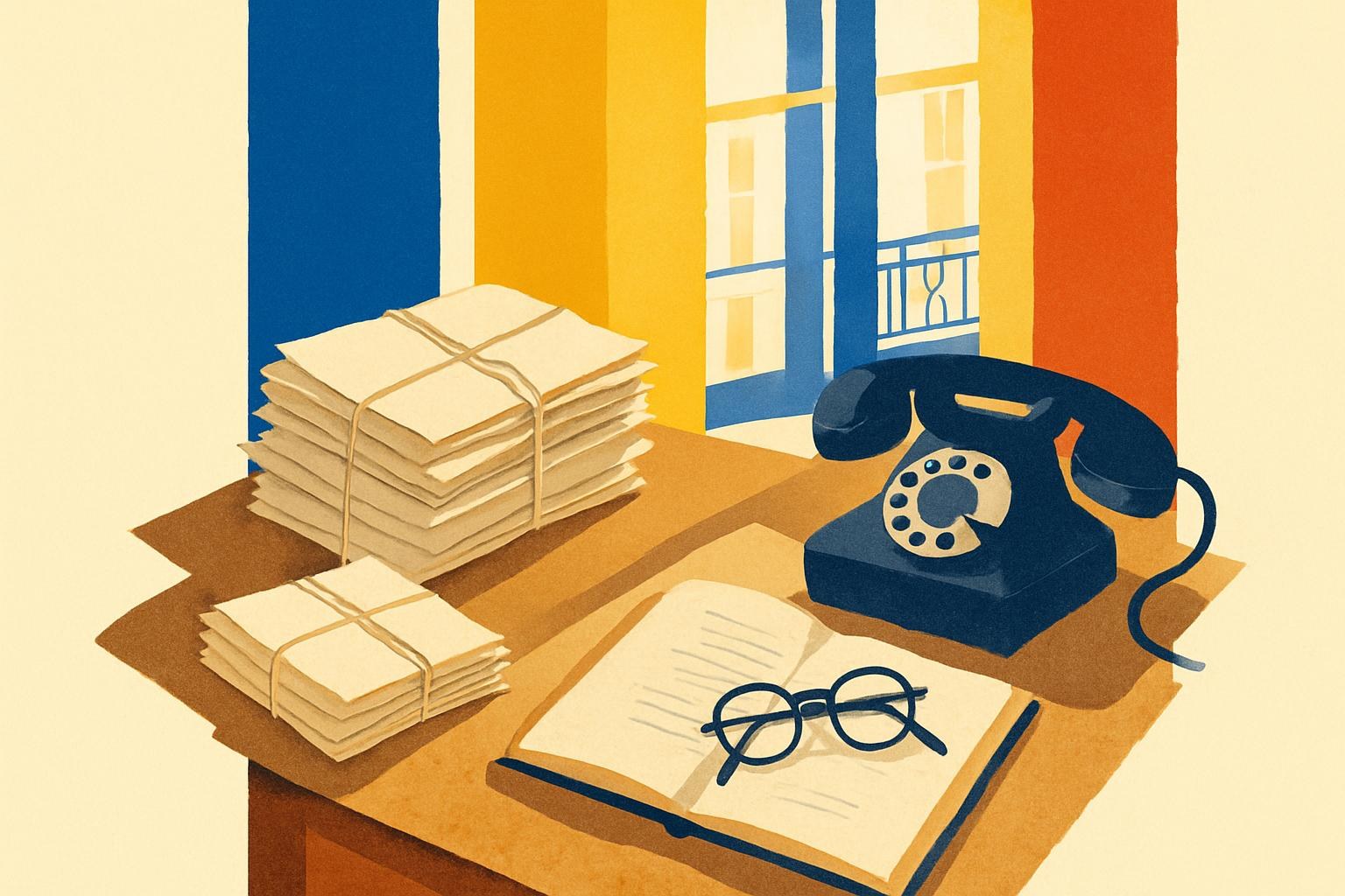 An old editor's desk with manuscript pages, reading glasses and a rotary phone lit by afternoon light.