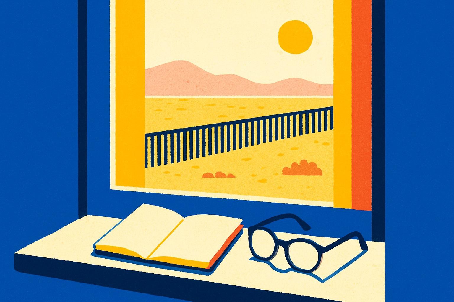 Un cuaderno y unas gafas sobre el alféizar de una ventana con vistas a un paisaje fronterizo árido.