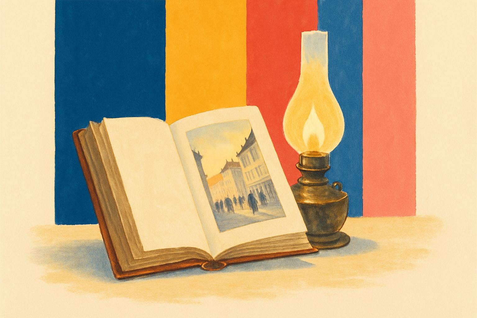 An old leather-bound volume open beside an engraved illustration of a 19th-century Parisian street, lit by lamplight.