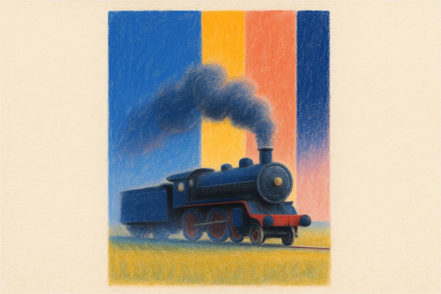 A steam train racing across an endless grassy plain at dusk.