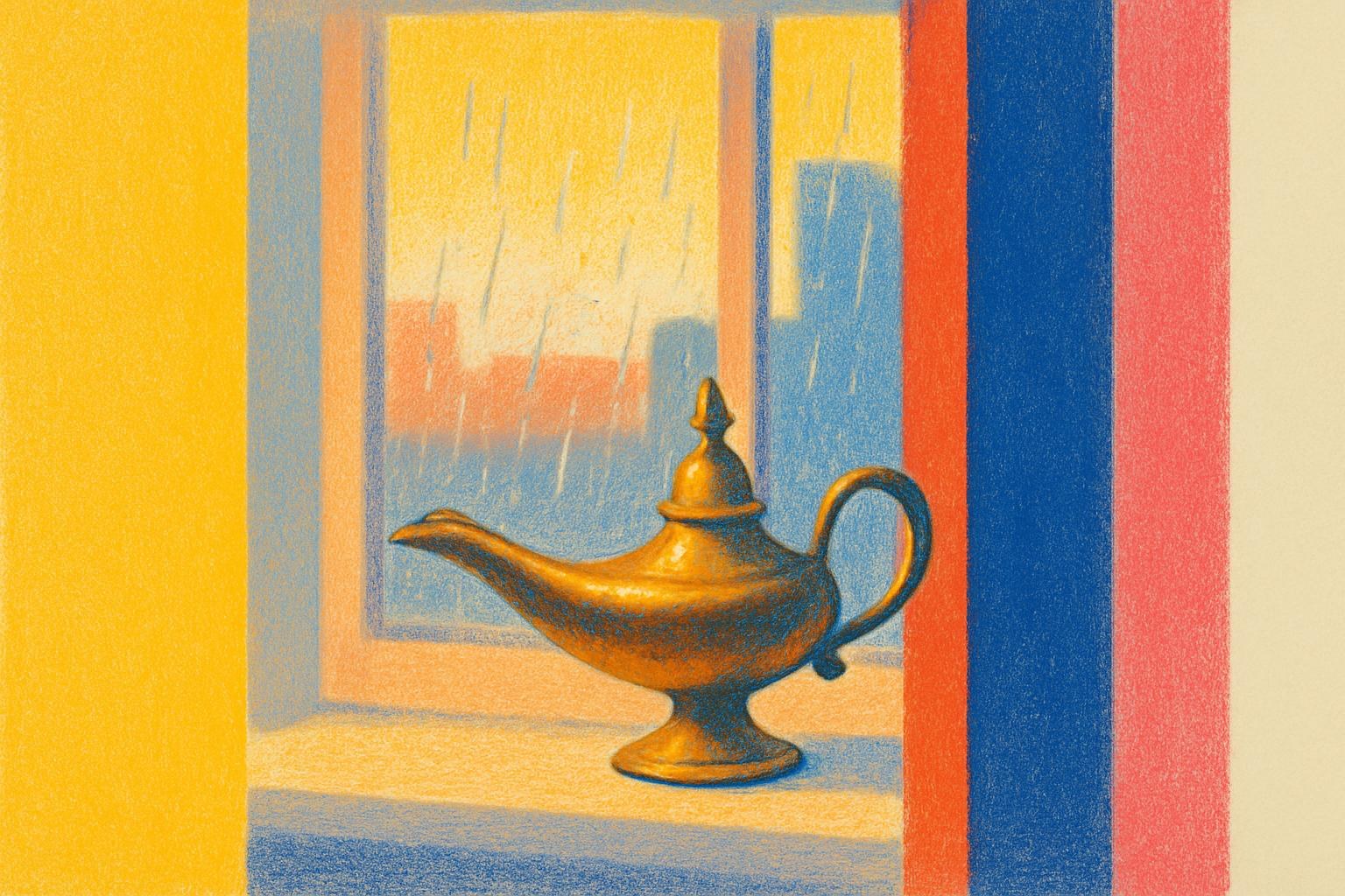 An old brass lamp on a rainy windowsill at dusk, evoking the Aladdin motif.