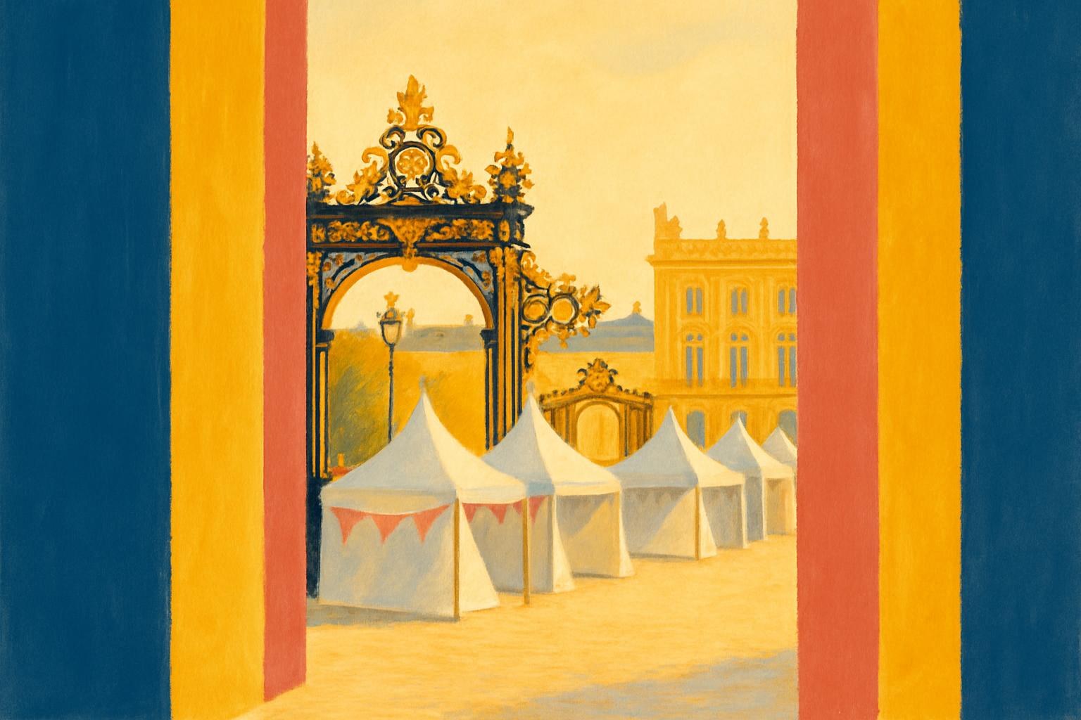 Festival tents being set up at dawn on Nancy's Place Stanislas ahead of the Livre sur la Place.