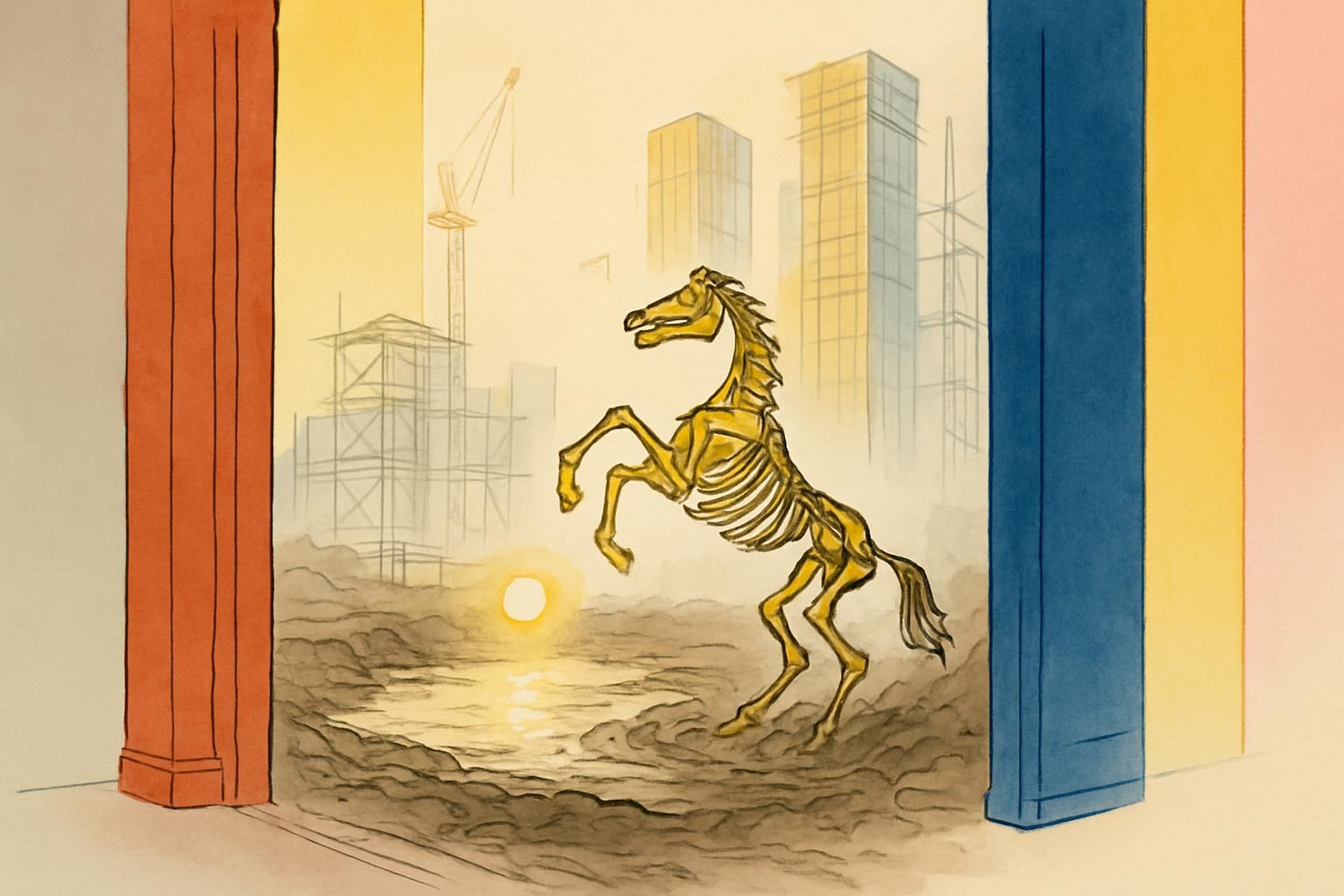 Une lumière flotte au-dessus d'une fosse boueuse géante où se dresse le squelette d'un cheval parmi des tours en construction.