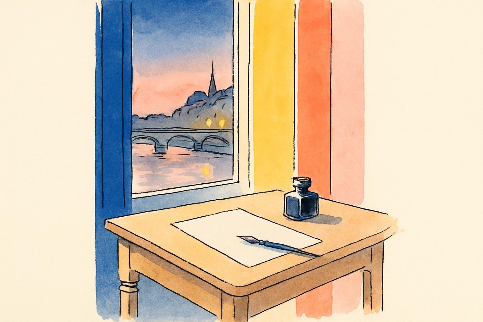 Un bureau près d'une fenêtre donnant sur la Seine au crépuscule, baigné d'une lumière chaude du soir.