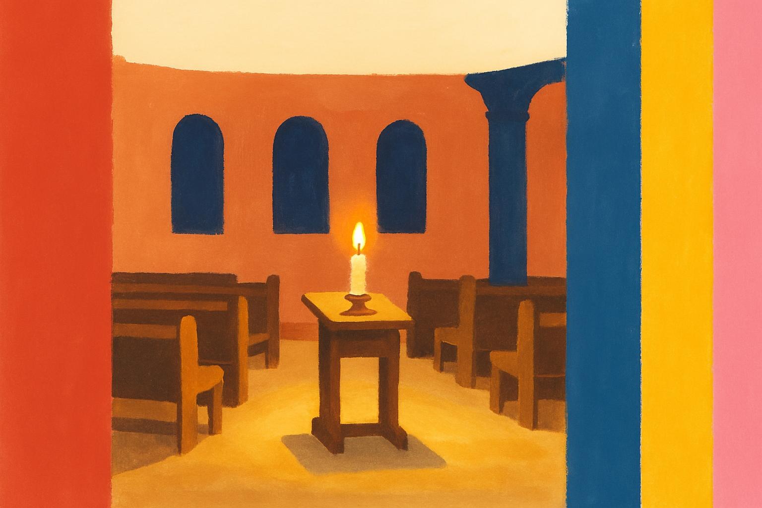 A lone candle burning on a lectern in a dim, empty synagogue.