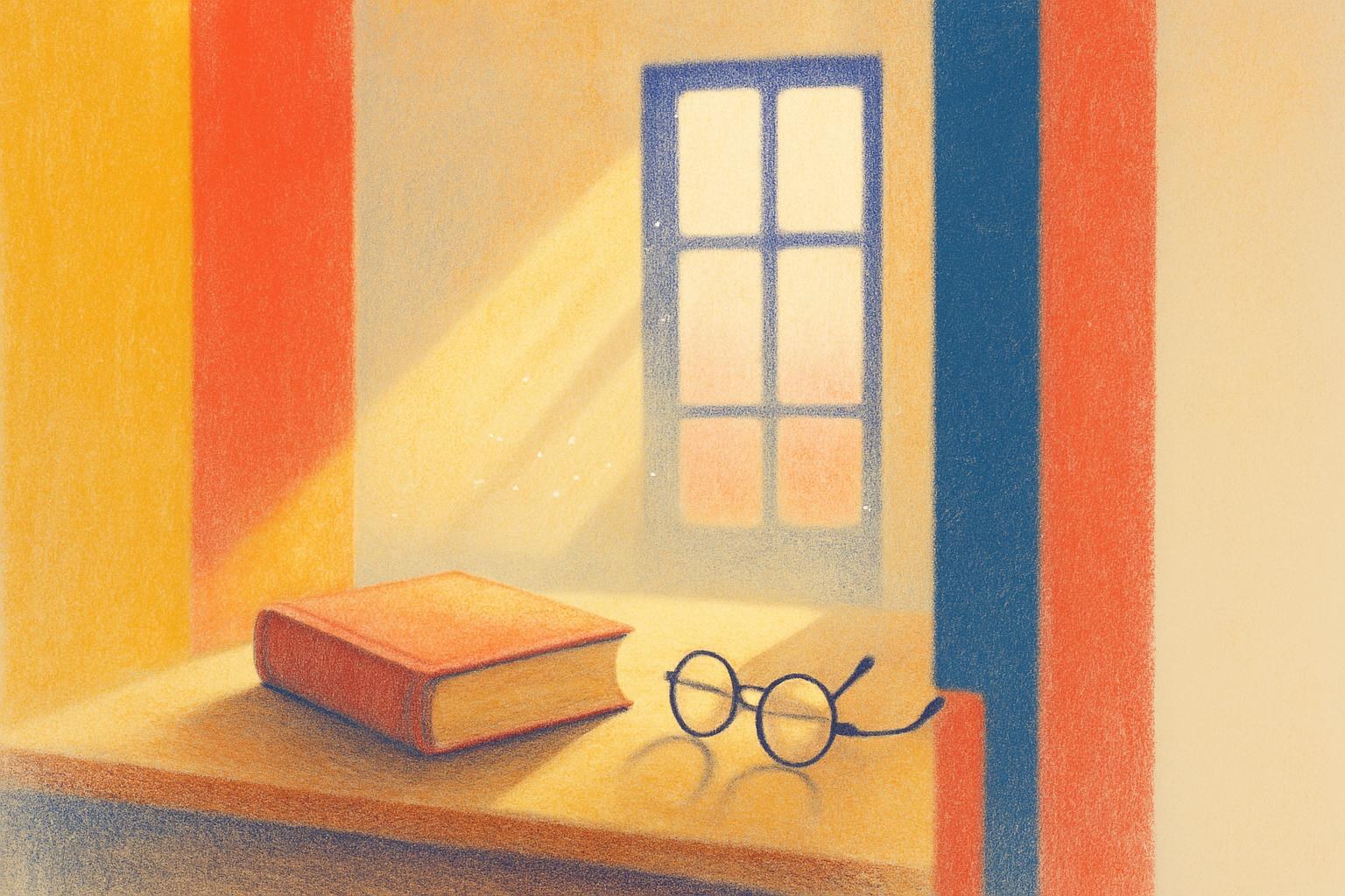 A weathered book and reading glasses on a desk, lit by late afternoon sunlight through a window.