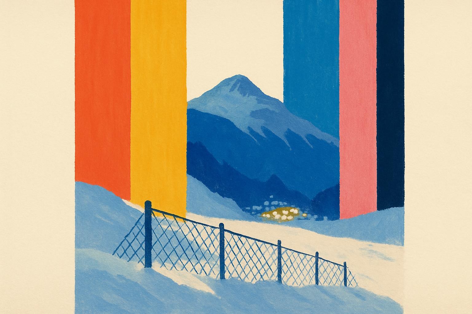 A fenced mountaintop settlement glowing with lights above the snowy peaks of Davos at dusk.