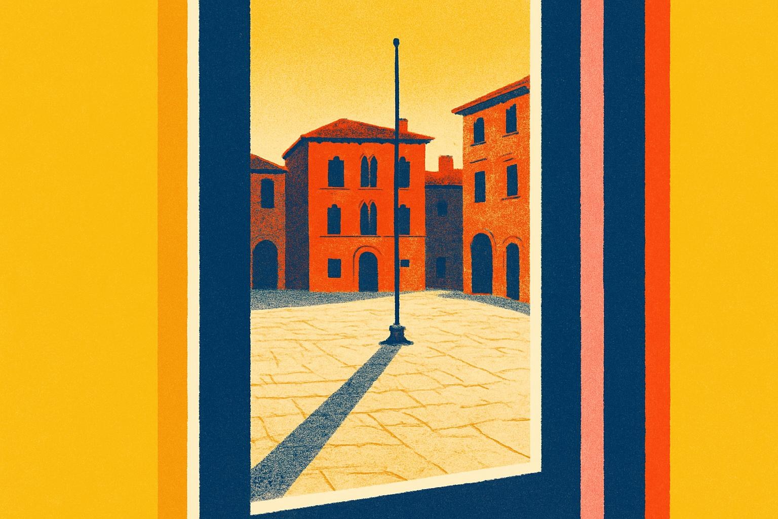 An empty Italian piazza at dusk, a flagpole's long shadow stretching across cracked cobblestones.
