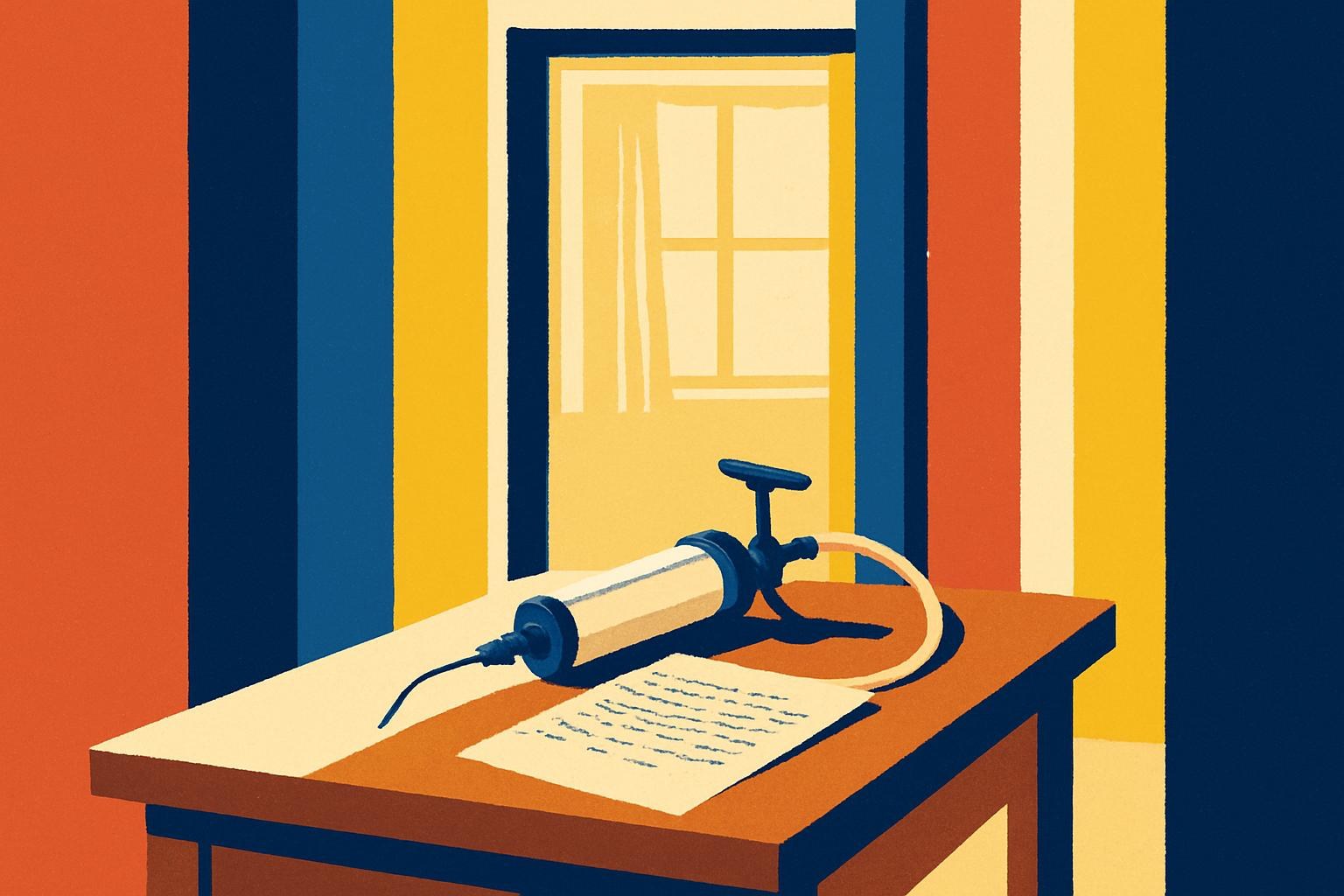Un dispositivo de aspiración de época descansa sobre una mesa de madera junto a notas manuscritas, iluminado por una luz suave de ventana.